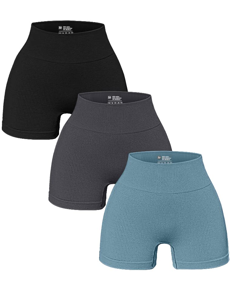 OQQ Women's 3-Piece Yoga Set - Ribbed Seamless High Waist Leggings & Workout Shorts for Yoga, Gym, Running & Lounge Wear