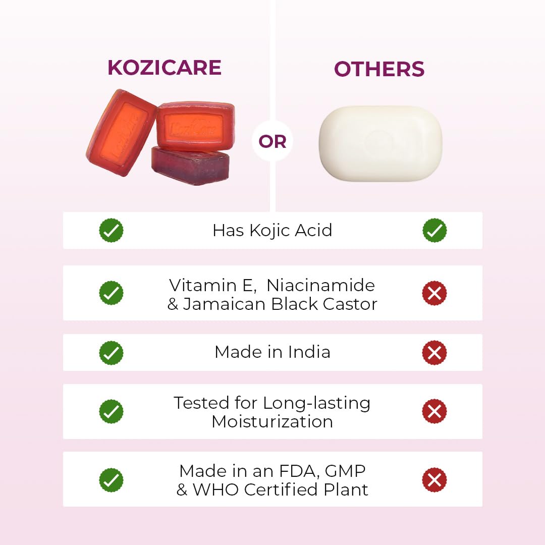 Kozicare Gojic Acid & Glycerin Soap for Skin Whitening - Pack of 3 Bars with Black Castor Oil | Brightening & Moisturizing Bath Soap for Healthy Glowing Skin | Men & Women | Perfect for Daily Use & Acne-Prone Skin