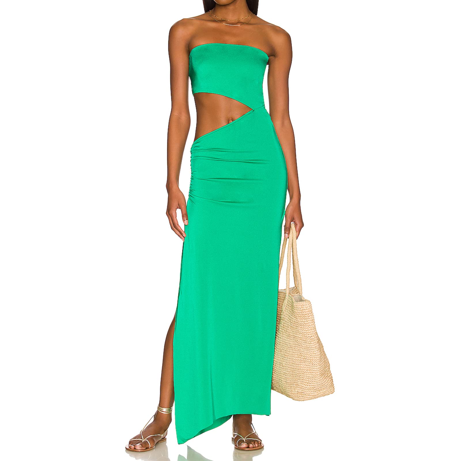 Sexy Strapless Maxi Dress for Women - Summer Sleeveless Floral Long Dress with Cutout Design & High Slit - Perfect for Beach Parties, Weddings & Night Out