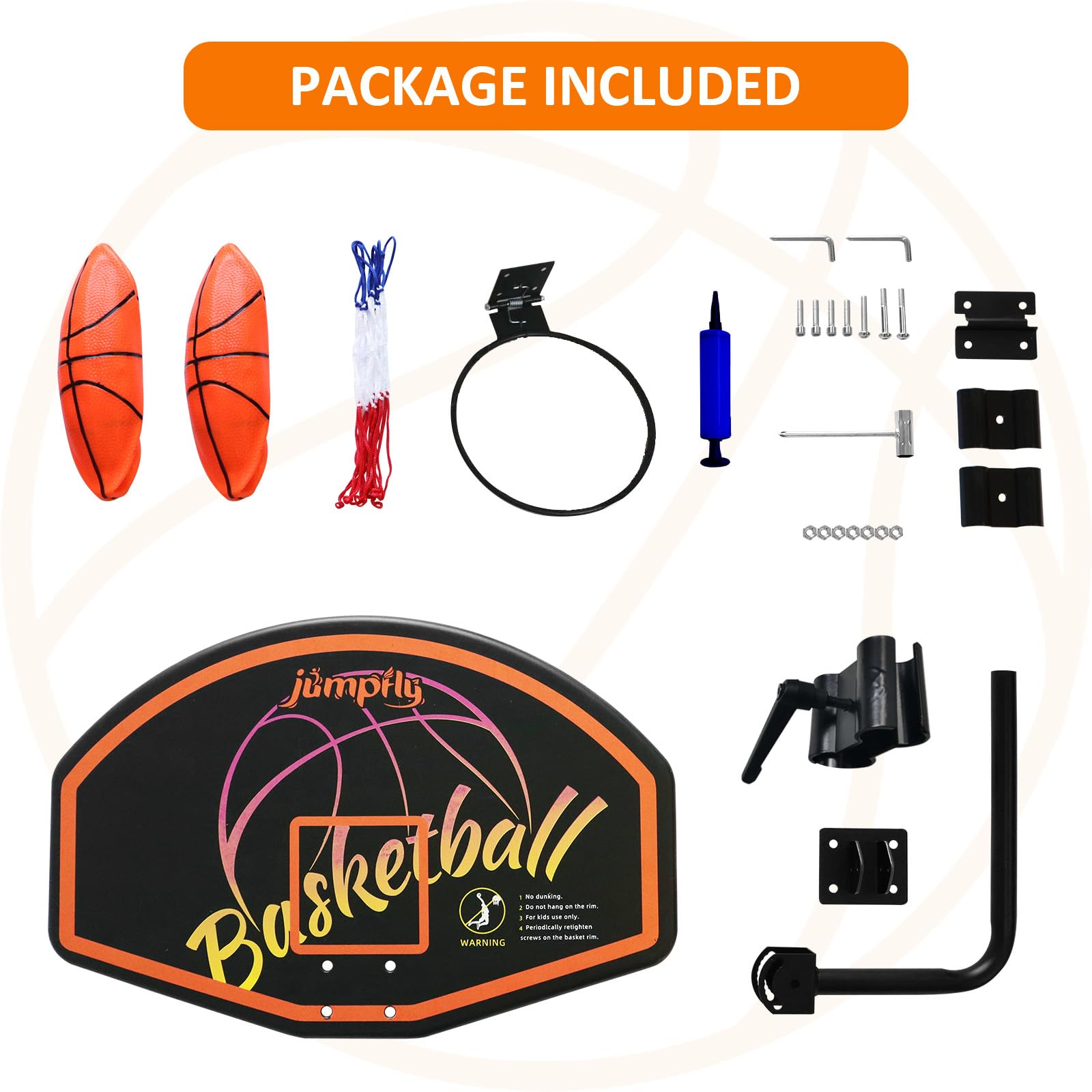 Jumpfly Trampoline Basketball Hoop Set - Universal Easy Install Basketball Hoop Attachment for Straight & Curved Trampoline Poles - Includes Mini Balls & Air Pump - Perfect for Backyard Fun, Kids Outdoor Games & Trampoline Exercise Accessories