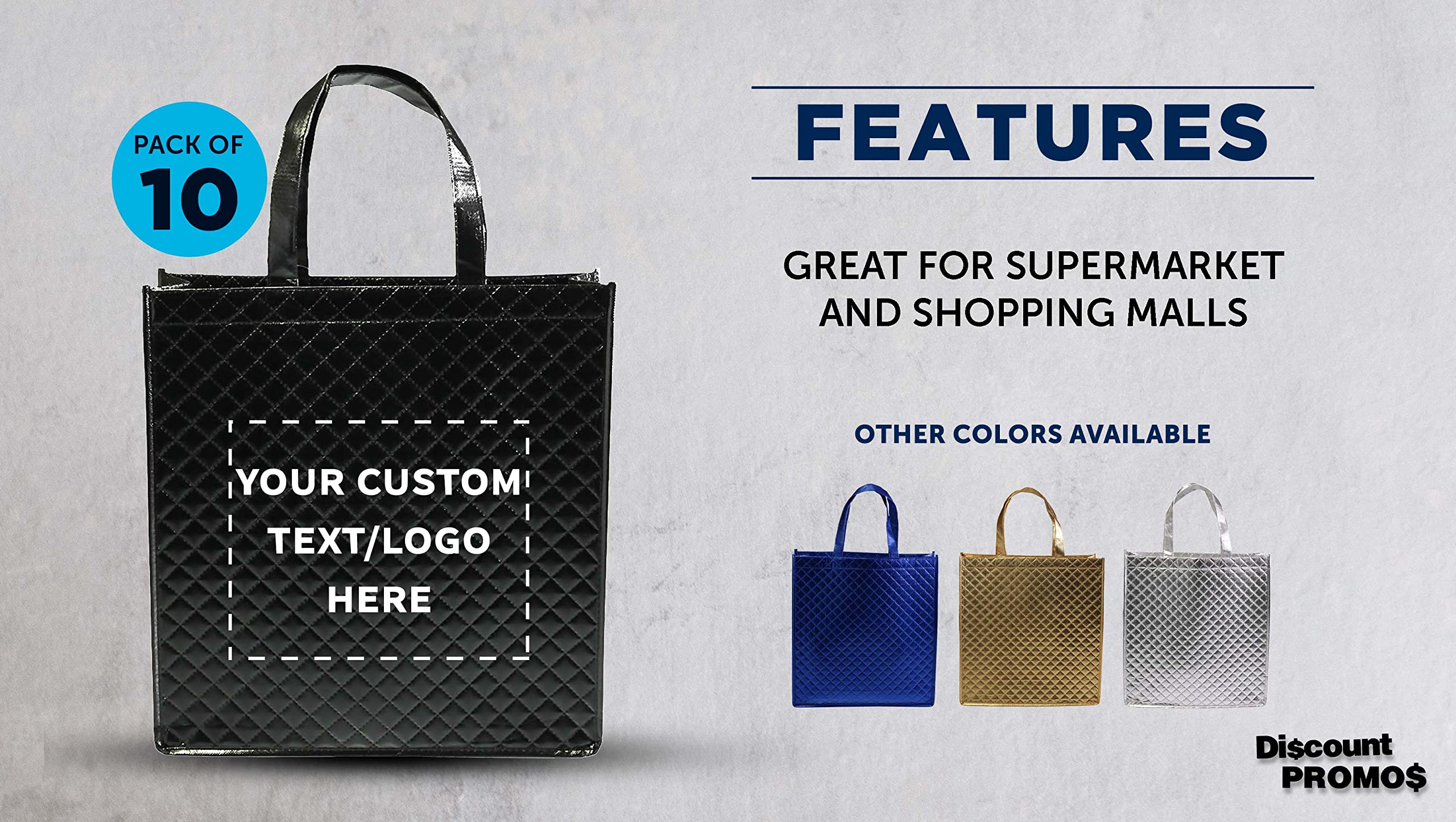 Custom Printed Laminated Tote Bags - Set of 10 Personalized Bulk Totes - Eco-Friendly Reusable Shopping Bags for Groceries, Beach Trips, Promotions & Events - Black