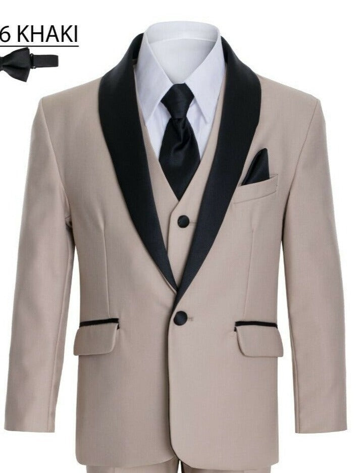 Boys Khaki Beige Shawl Collar Tuxedo Suit for Kids - Formal Wedding, Party & Special Occasion Outfit