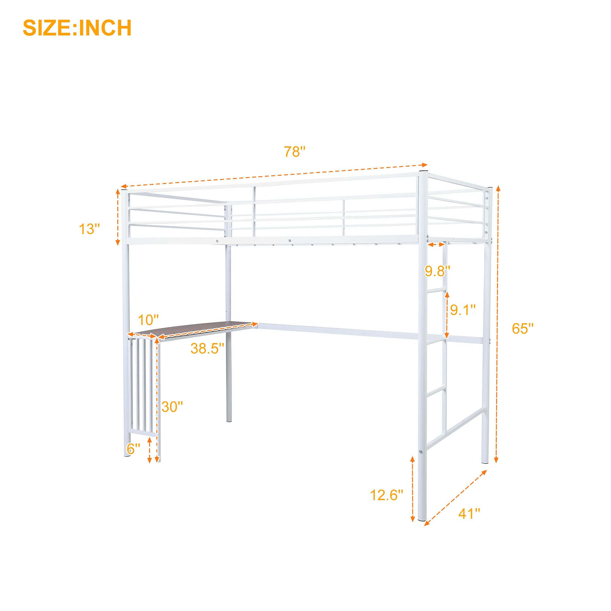 **Metal Loft Bed Frame with Ladder, Guardrails, Desk & Bookcase - Twin Size Space-Saving Bunk Bed for Teens, Kids, Boys & Girls (White) - Perfect for Small Bedrooms, Dorms & Studio Apartments**