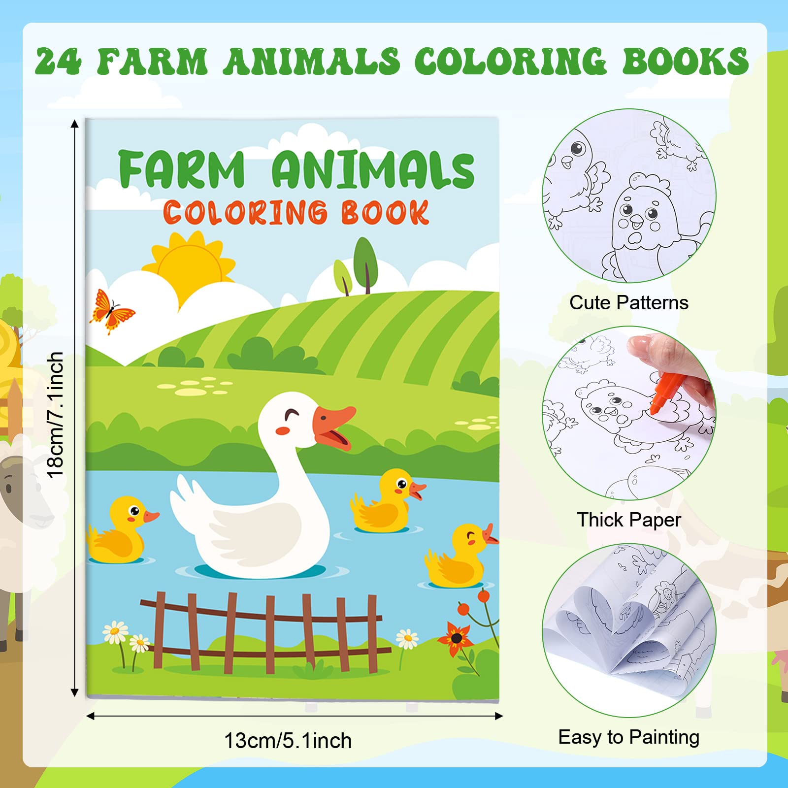 24-Piece Farm Animals Coloring Book Set for Kids with 24 Stacking Crayons - Barnyard Themed Activity Books, Classroom Supplies & Birthday Party Favors - Perfect for Preschool Learning, Farm-Themed Parties and Creative Play