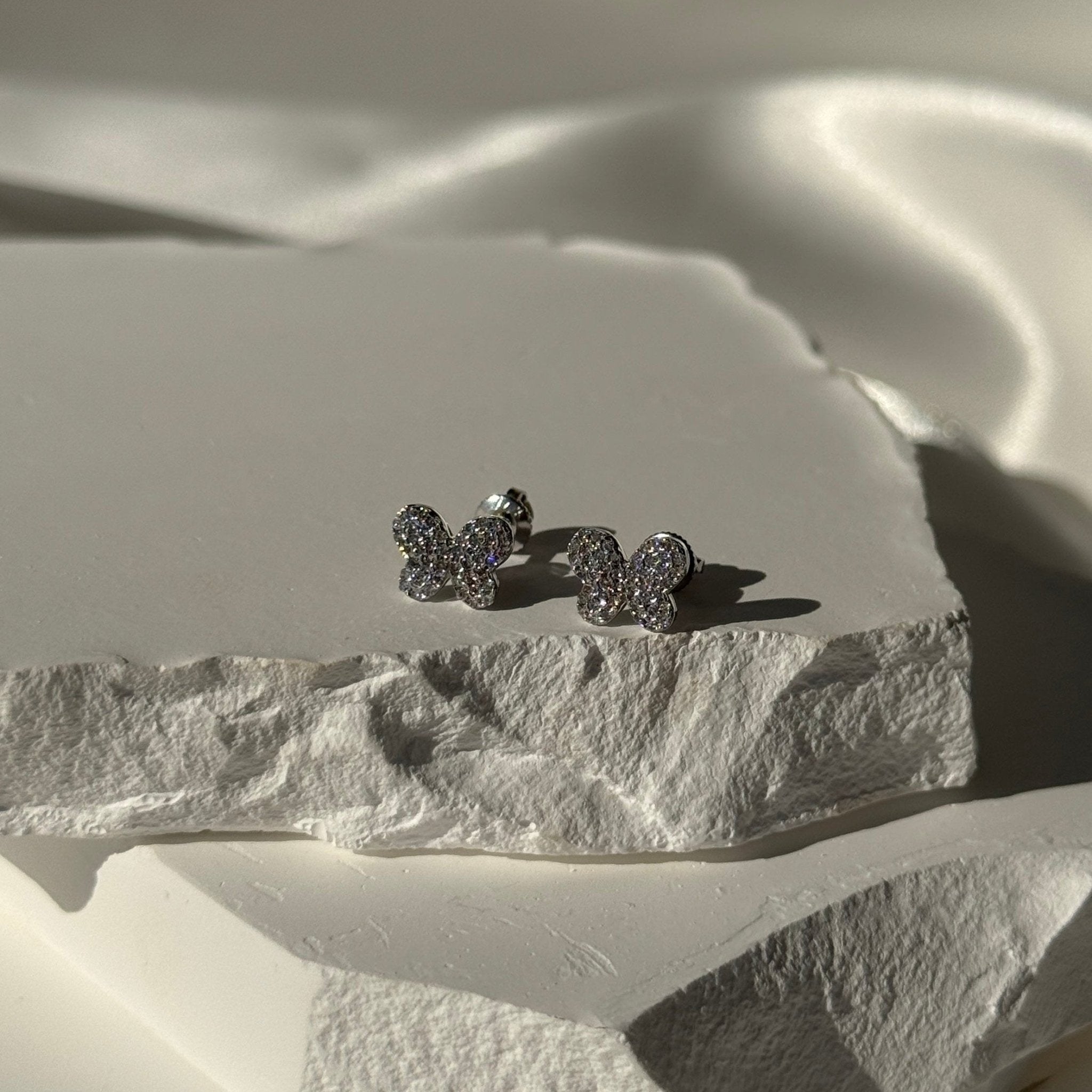 14K White Gold Diamond Pavé Butterfly Screw Back Earrings - Elegant Stud Earrings for Women, Perfect for Weddings, Parties & Special Occasions