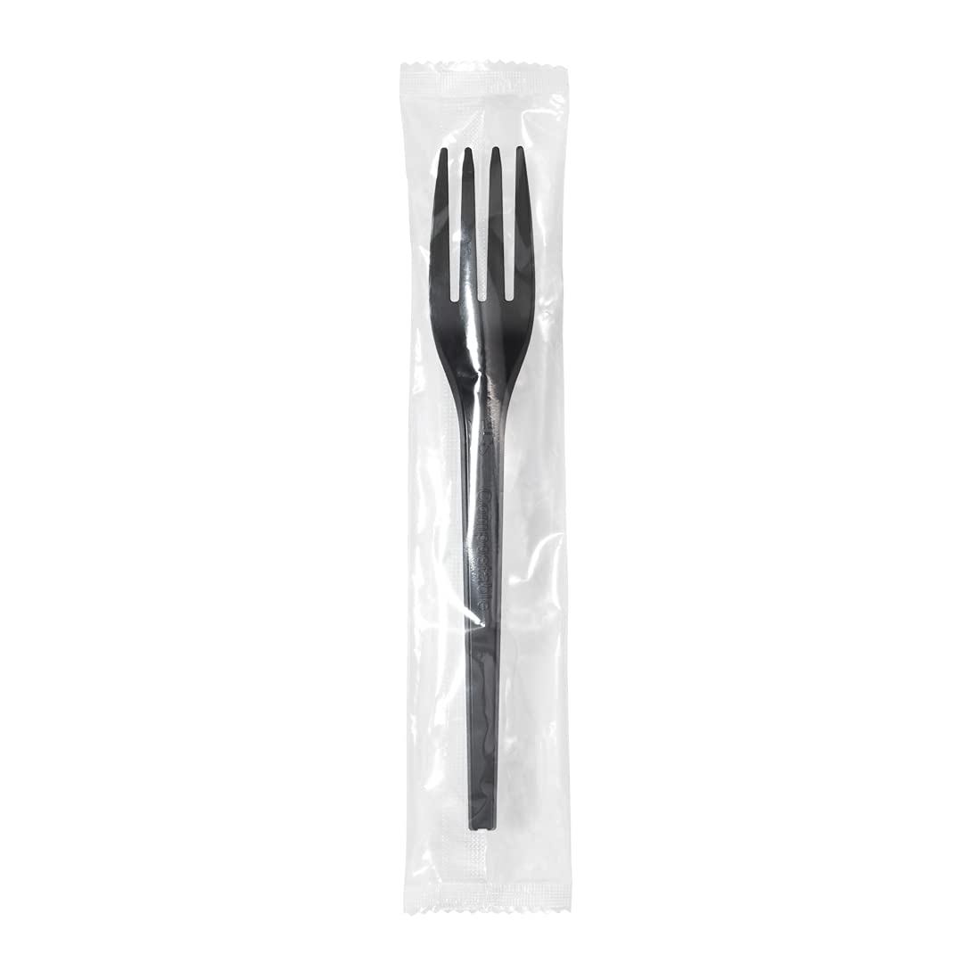 Eco-Friendly 6.5 Inch Compostable Forks - 250 Individually Wrapped Plant-Based Disposable Cutlery | BPI-Certified Black CPLA Plastic Utensils for Hot & Cold Foods | Perfect for Restaurants, Catering, Picnics & Outdoor Events