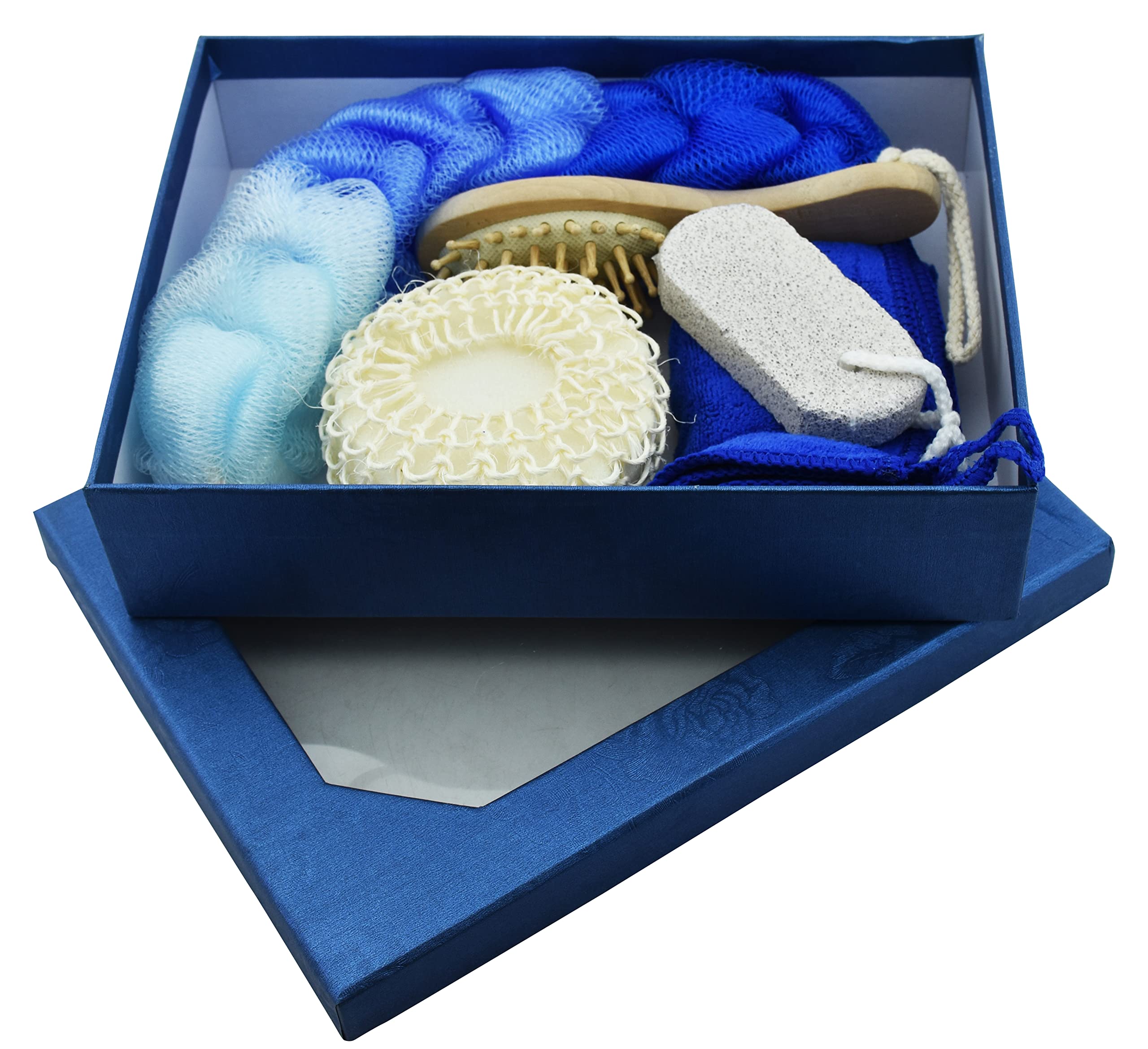 RSAAUD® Premium Blue Love Gift Box - Bath & Body Set for Women & Men | Exfoliating Back Scrubber, Pumice Stone, Body Sponge & Hair Comb | Spa Day, Valentine's Gift, Self-Care Essentials