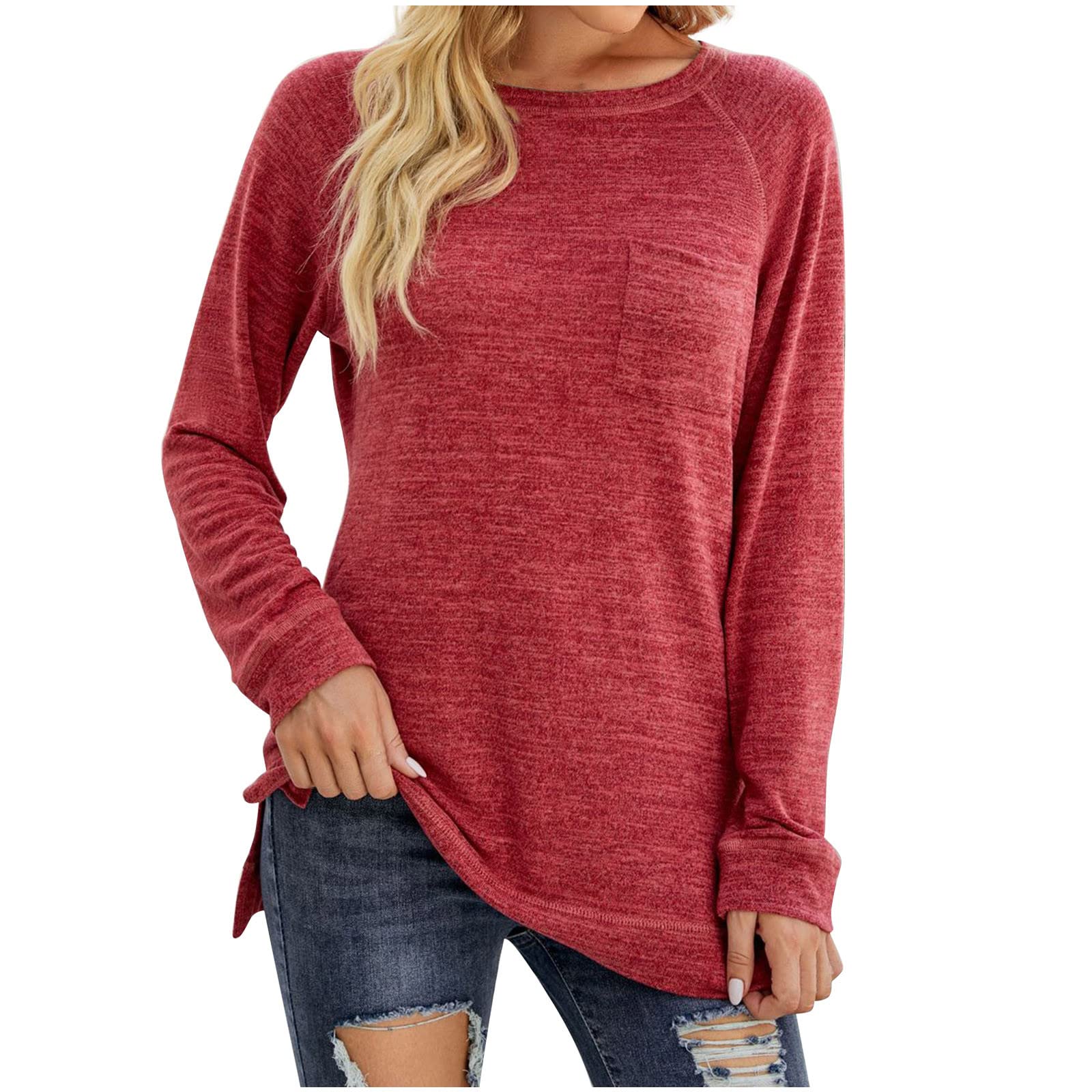 Women's Basic Solid Color Long Sleeve T-Shirt - Round Neck Loose Fit Top with Slit Pocket | Casual Everyday Wear, Office Outfits & Layering Essential