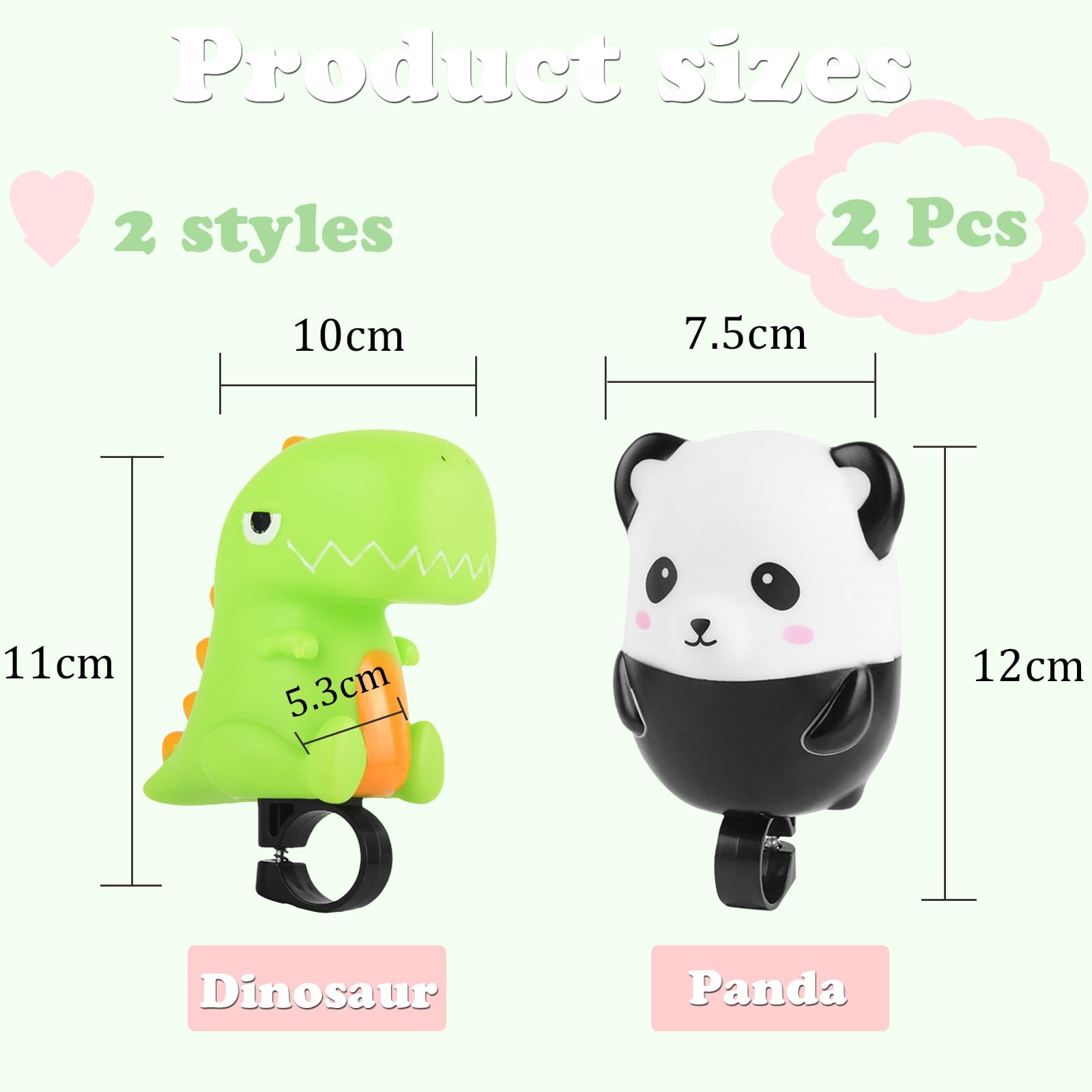 2 Pack Kids Bike Horn - Dinosaur & Panda Push Scooter Horn, Cartoon Bicycle Accessories for Boys & Girls - Fun Sound for Balance Bikes, Tricycles & Playtime
