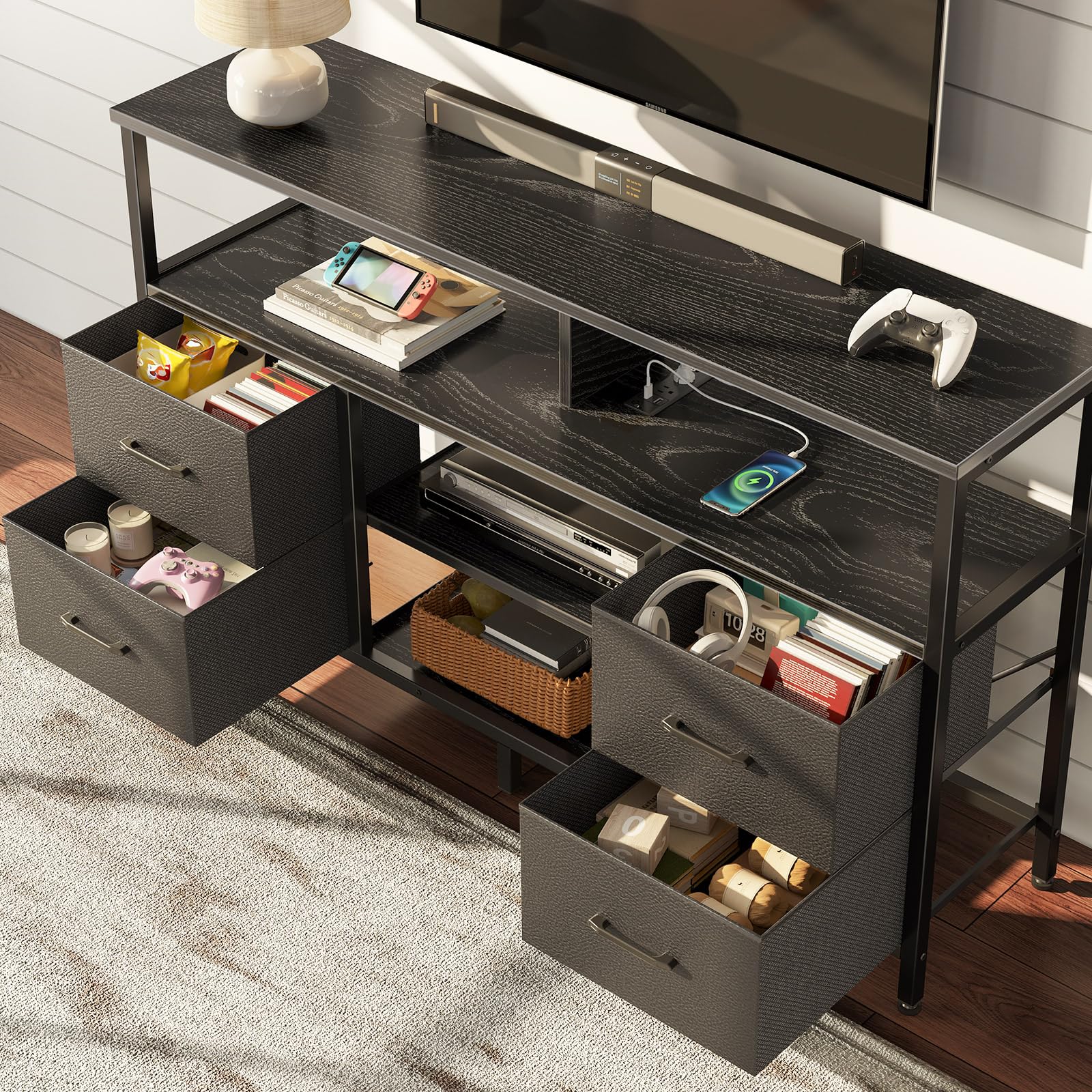 Rolanstar TV Stand with Power Outlets, LED Lights & Storage for 32-65