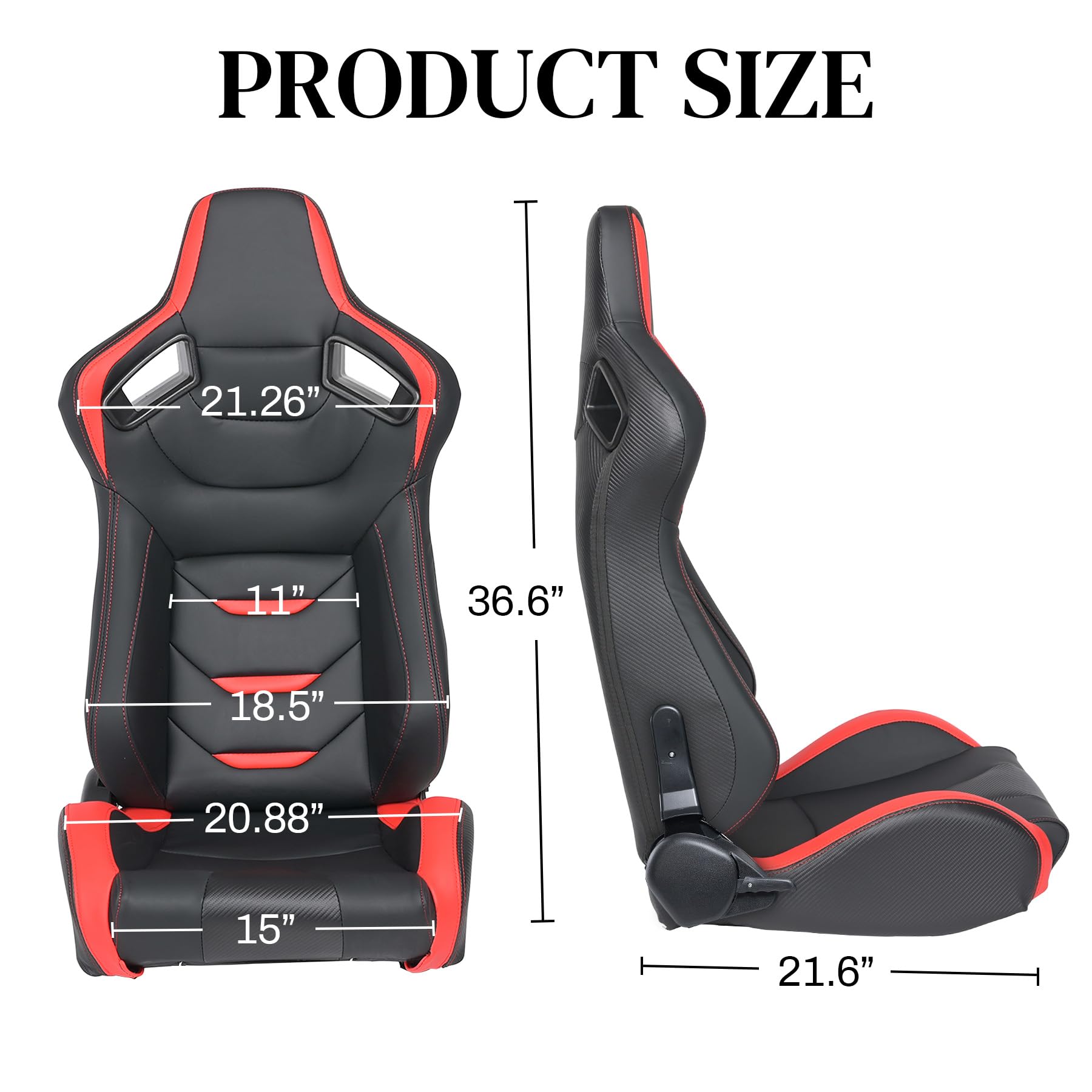 2 Pack Universal Racing Bucket Seats with Dual Lock Sliders - Adjustable PVC Leather Car Seats for Sports Cars & Drifting (Black & Red) - Perfect for Racing Enthusiasts & Car Modifications