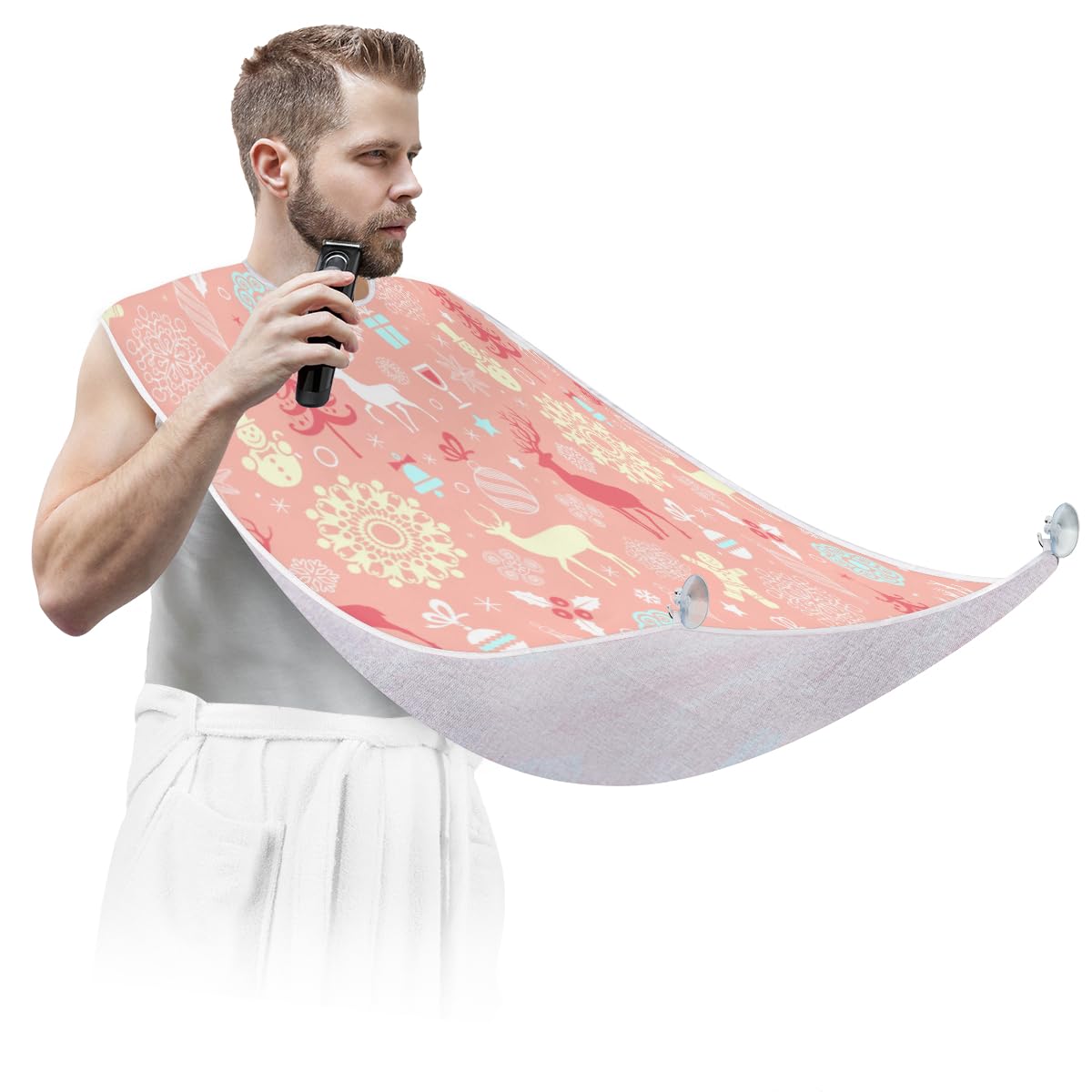 Men's Winter Christmas Themed Beard Bib - Non-Stick Shaving Apron with Suction Cups, Hair Catcher & Grooming Cloth - Perfect Gift for Husband & Dad (Great for Holiday Grooming & Mess-Free Shaving)