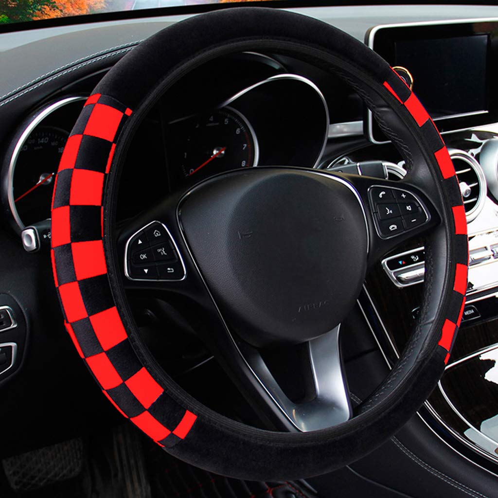 ZaCoo Universal Soft Plush Steering Wheel Cover - Winter Warm Car Accessory for Trucks, SUVs & Cars (14-15 Inch, Black & Red) | Perfect for Cold Weather Driving & Enhanced Grip Comfort