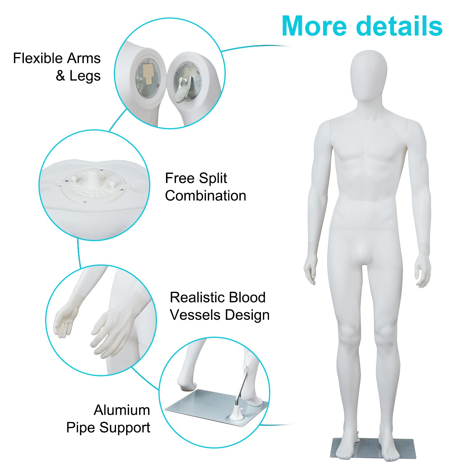 6 FT Male Mannequin with Adjustable Stand & Metal Base - Full Body Posable Dress Form for Window Display, Retail Store, Fashion Show & Photography (White)