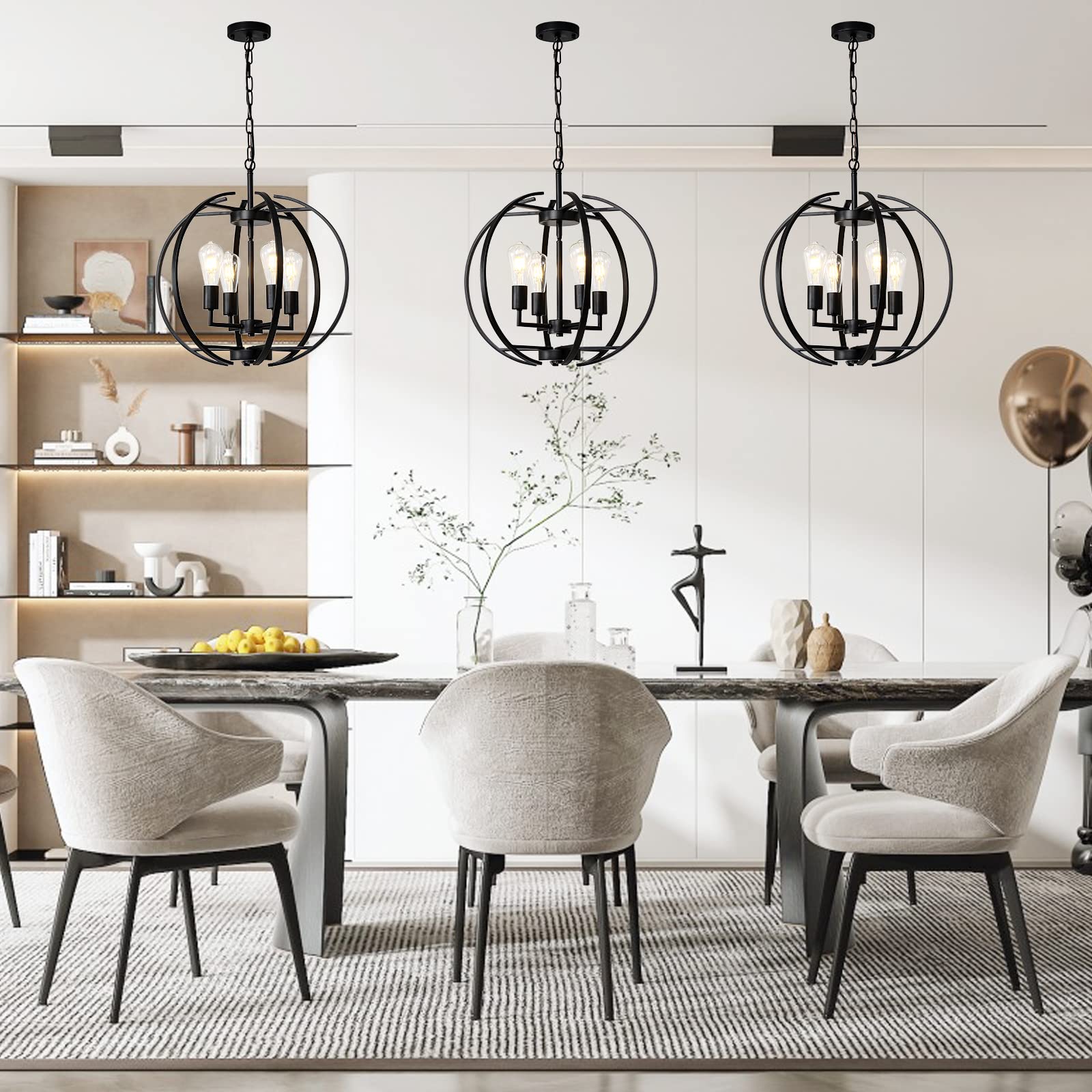 Large Black Farmhouse Chandelier - Adjustable 4-Light Pendant Lighting Fixture for Kitchen, Dining Room, Living Room & Hallway | Rustic Globe Lantern Ceiling Light for Home Decor & Cozy Ambiance