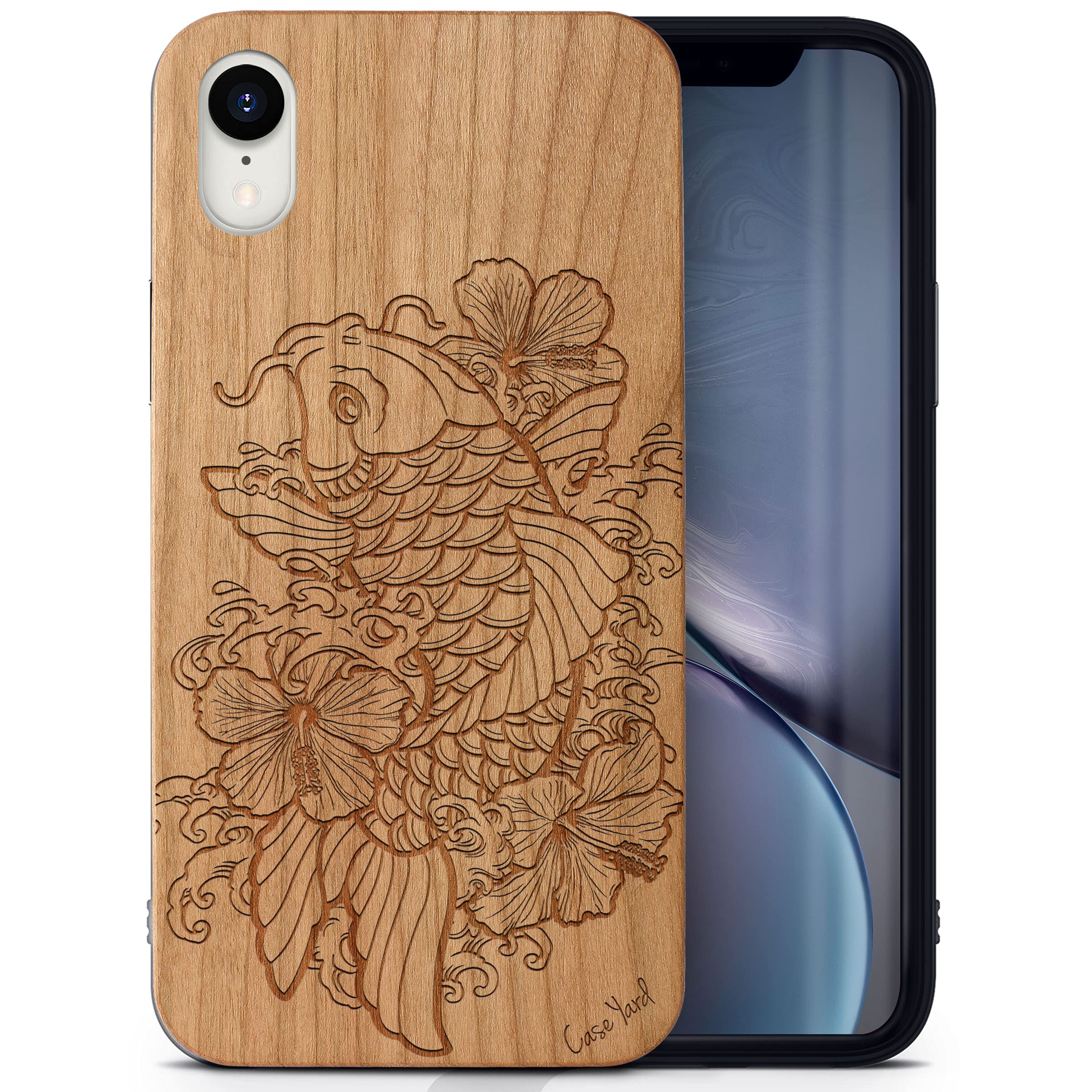 Wooden iPhone XR Case - Laser Engraved Hibiscus & Koi Fish Design - Cherry Wood Protective Shockproof Slim Fit Phone Cover for Men & Women - Perfect for Outdoor Activities, Travel & Everyday Use