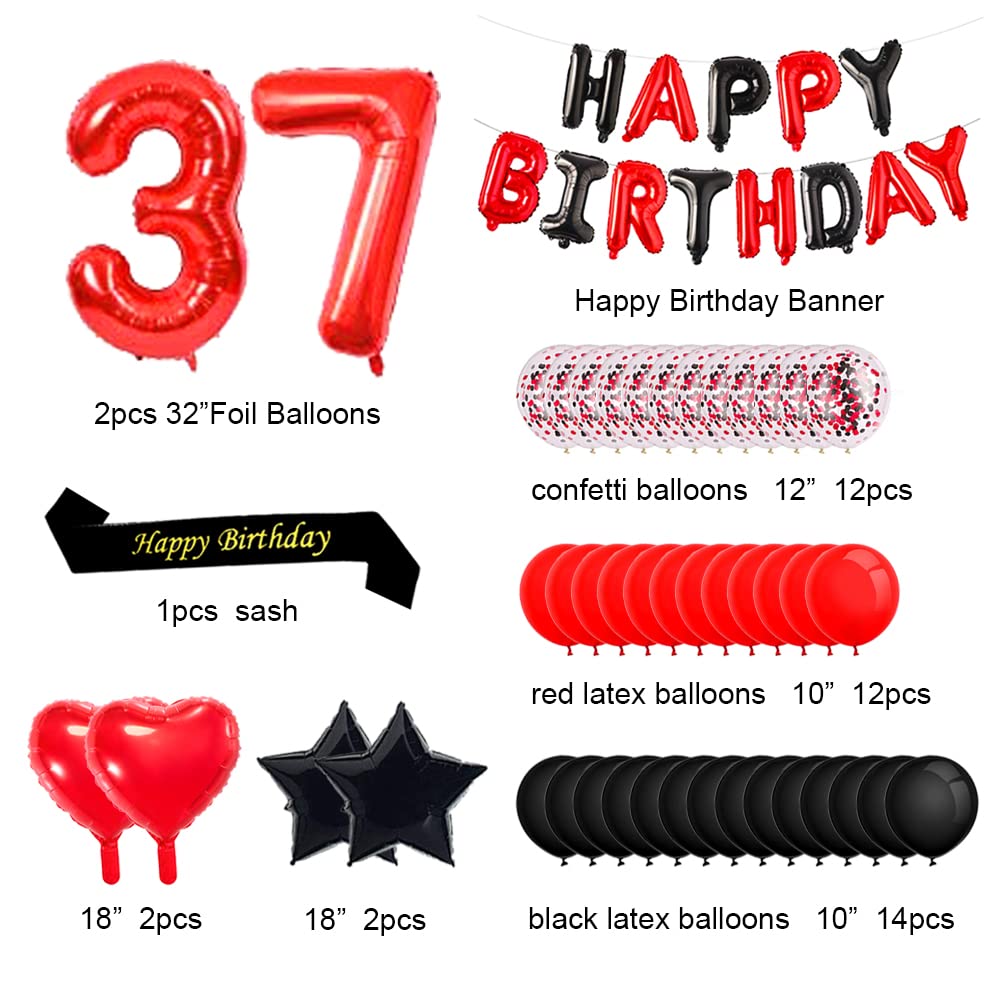 Minhero 37th Birthday Party Decorations - Red & Black Happy Birthday Banner, Number 37 Balloons, Sash with Latex & Confetti Balloons for Women's 37th or 73rd Birthday Celebration - Perfect for Adult Birthday Parties, Milestone Celebrations & Surprise Decorations