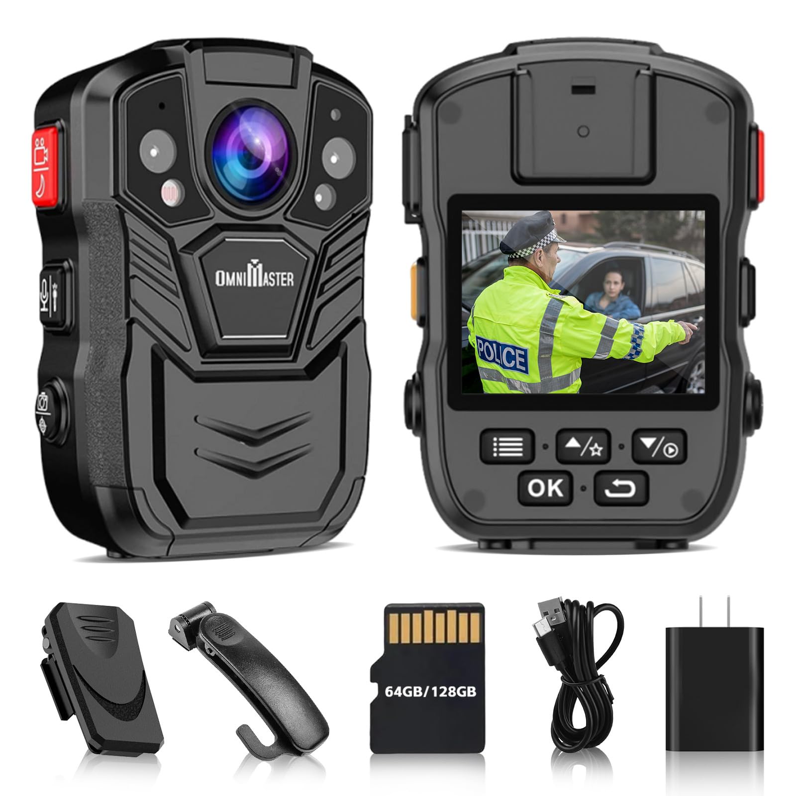1296P UHD Body Camera with Audio Recording - 2 Inch LCD Display, Night Vision, Waterproof & Shockproof - Compact Body Worn Camera (128GB) for Law Enforcement, Security Guards & Outdoor Activities