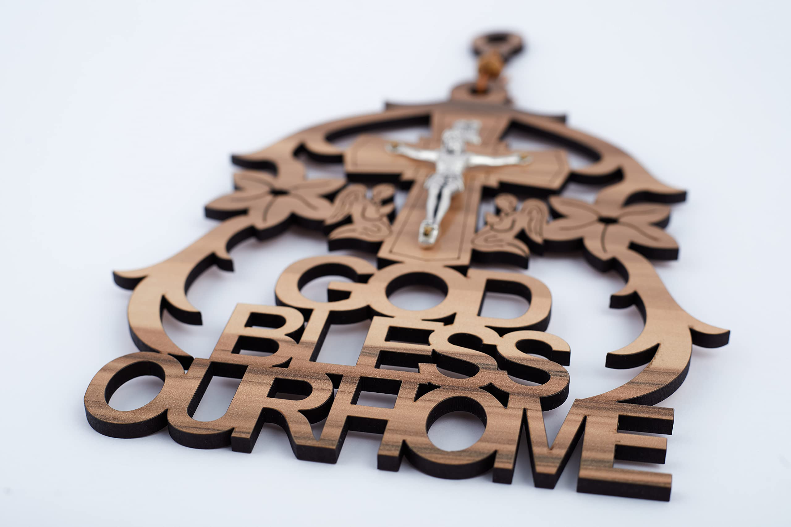 Wooden 'God Bless Our Home' Plaque with Crucifix Cross (7.2 Inch) - Handcrafted Religious Home Decor from Israel - Perfect for Wall Display in Living Room, Bedroom or Entryway