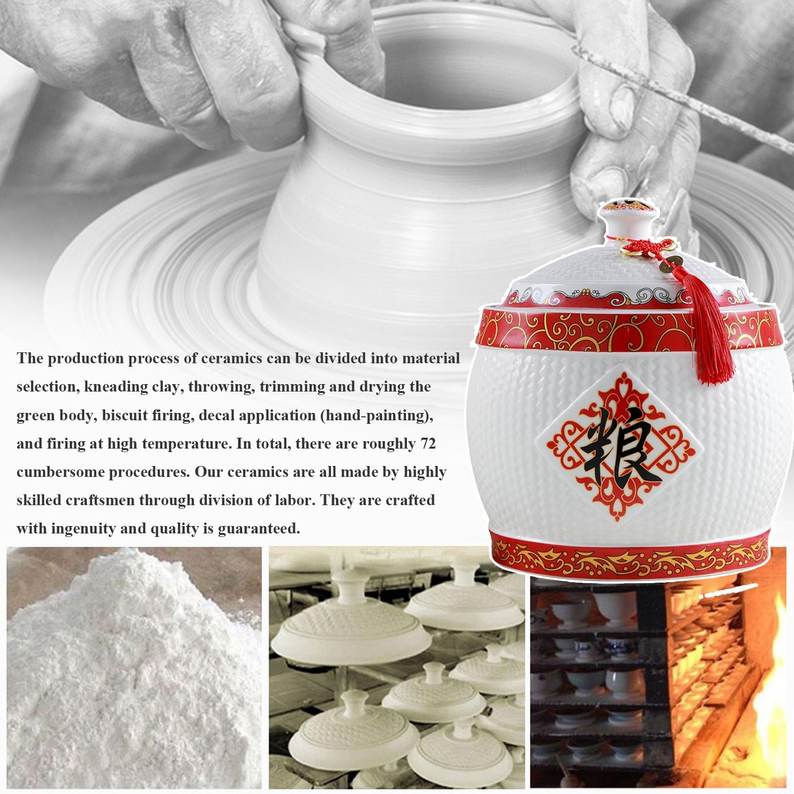 Premium Ceramic Rice Storage Jar with Lid - Traditional Chinese Style Food Container for Cereal, Flour, Sugar, Coffee | Airtight Kitchen Organizer (21x21x27cm) - Perfect for Pantry, Countertop & Asian-Inspired Home Decor