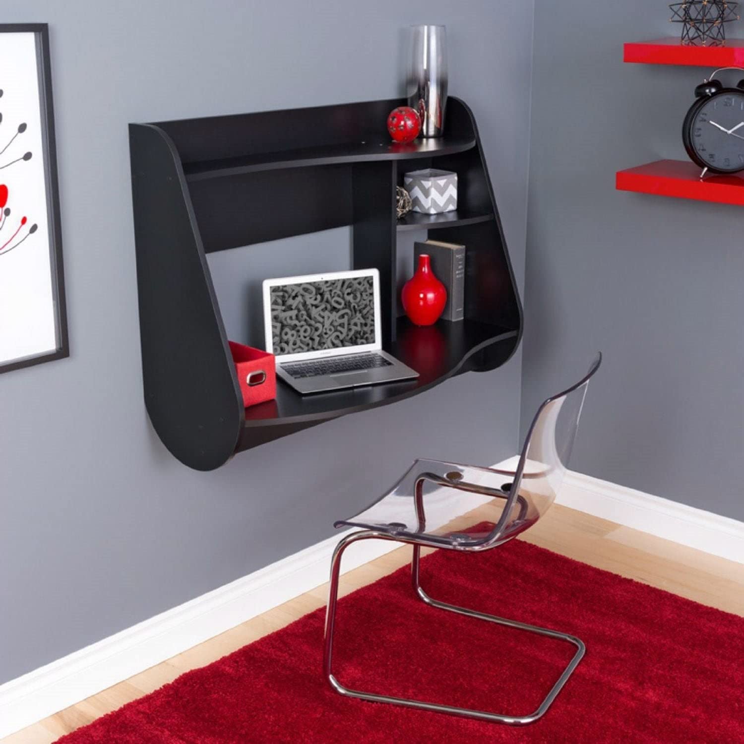 Modern Black Wood Finish Wall Mounted Laptop Computer Desk - Perfect for Home Office, Small Spaces & Minimalist Decor