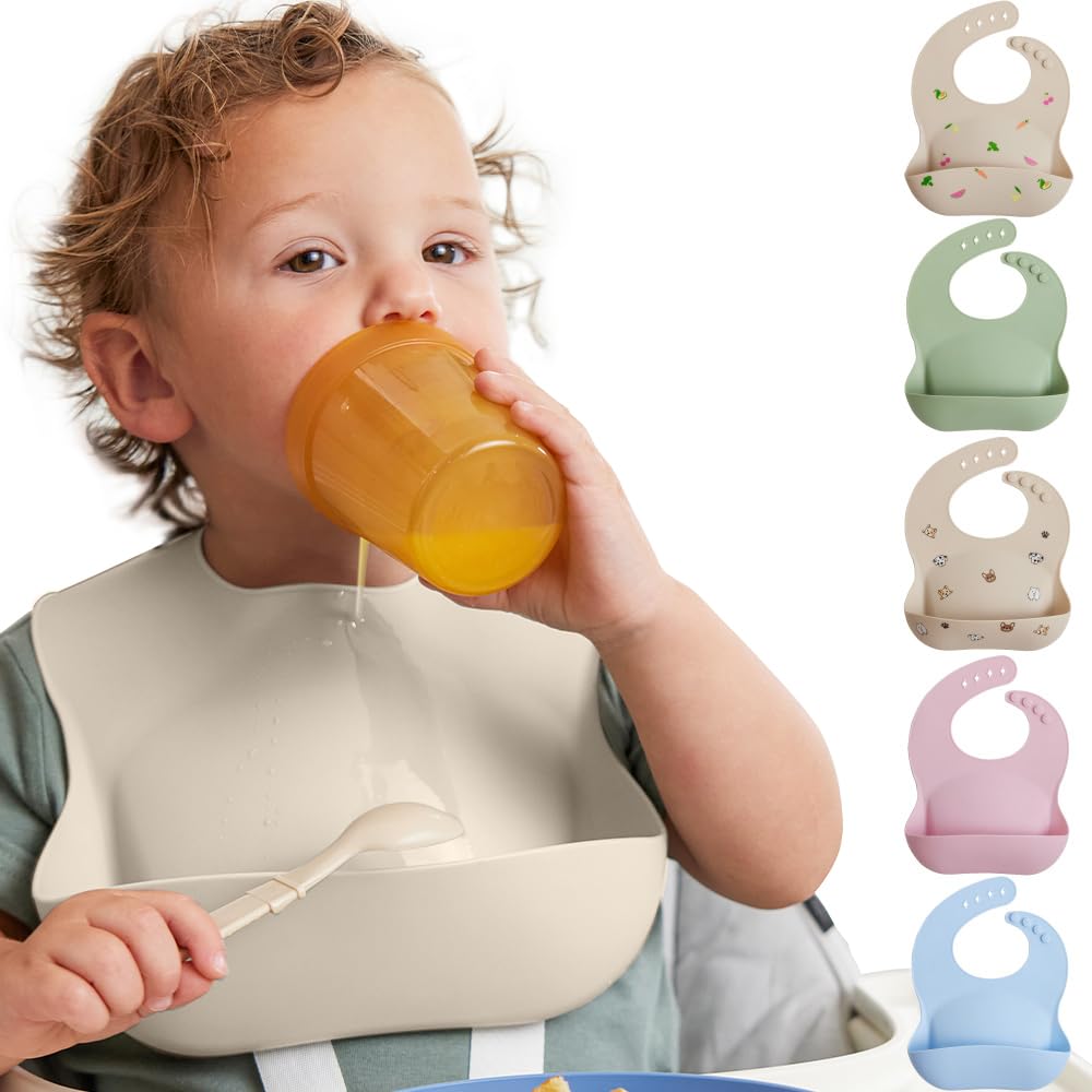 BPA-Free Waterproof Silicone Baby Bib with Adjustable Food Catcher - Dishwasher Safe Feeding Bib for Toddlers & Infants - Ideal for Mealtime, Drooling, and Teething - Beige for Boys & Girls