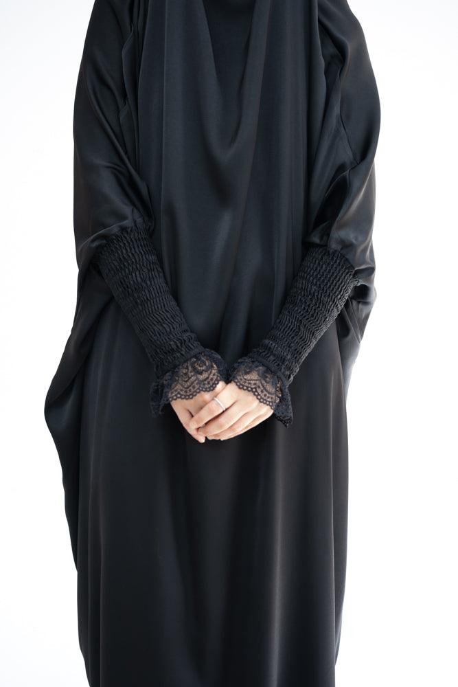 Gretaah Khimar Style Prayer Gown with Ribbed Sleeves & Lace Cuff - Black Islamic Prayer Dress for Women - Perfect for Salah, Mosque Worship & Religious Ceremonies
