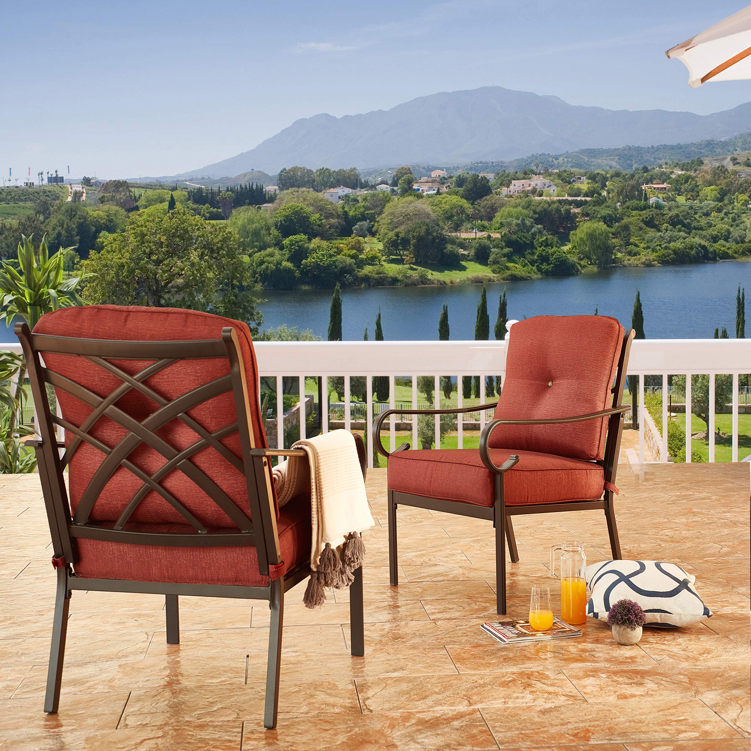 LOKATSE HOME Outdoor Patio Dining Set - 2 Metal Chairs with Cushions in Red | Weather-Resistant Conversation Furniture for Garden, Backyard & Poolside Relaxation