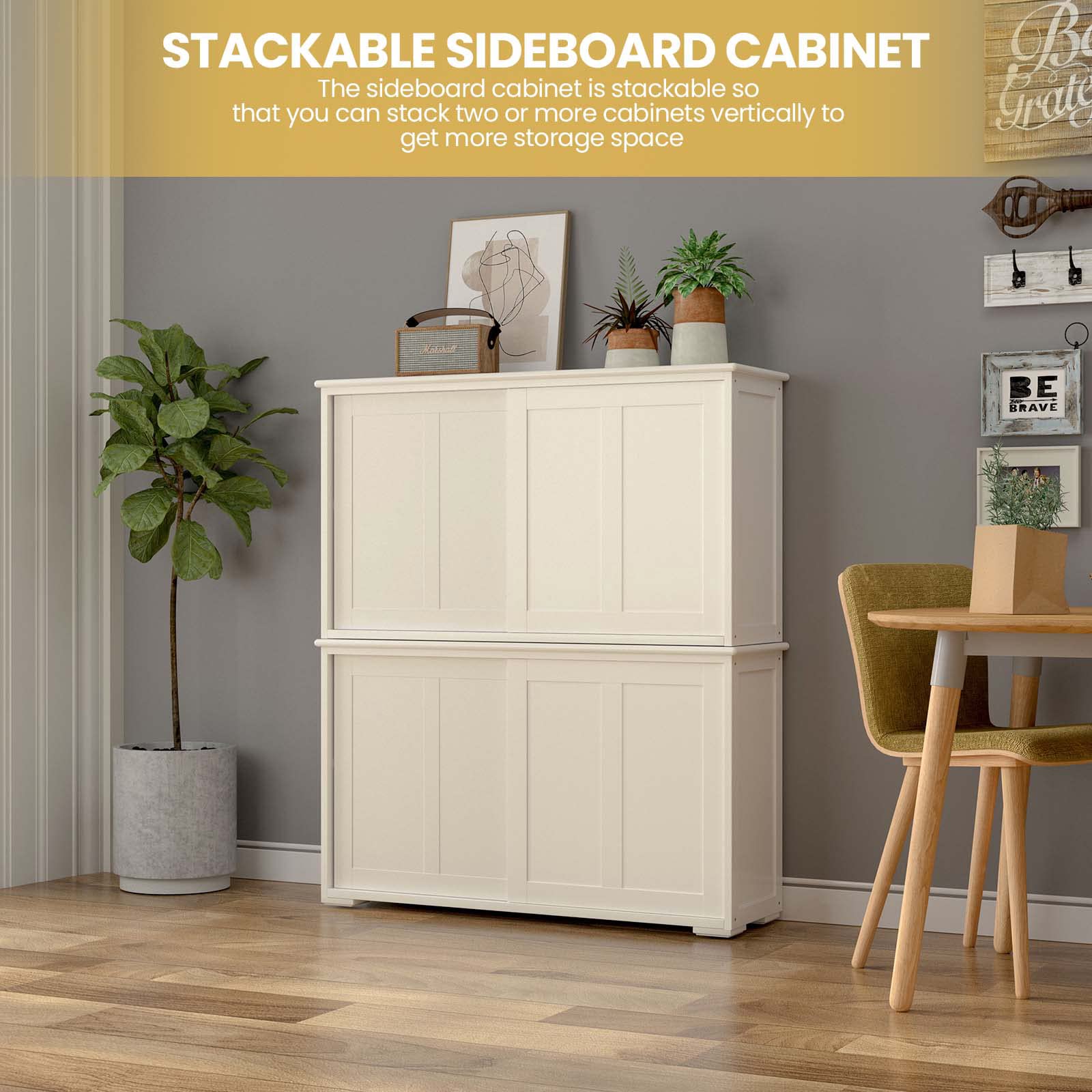 NAFORT Sideboard Buffet Cabinet with Adjustable Shelves & Sliding Doors - Stackable Kitchen Storage Cabinet for Dining Room, Entryway, Living Room - Cream White Modern Furniture for Home Organization
