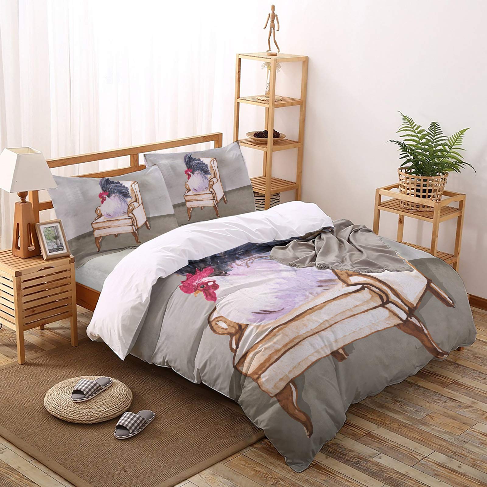 4-Piece Lightweight Microfiber Duvet Cover Set with Chicken Print - Soft Full Comforter Cover for Adults & Teens - Retro Style Bedding for Cozy Bedroom Decor - Perfect for Home, Dorm, and Guest Room Use