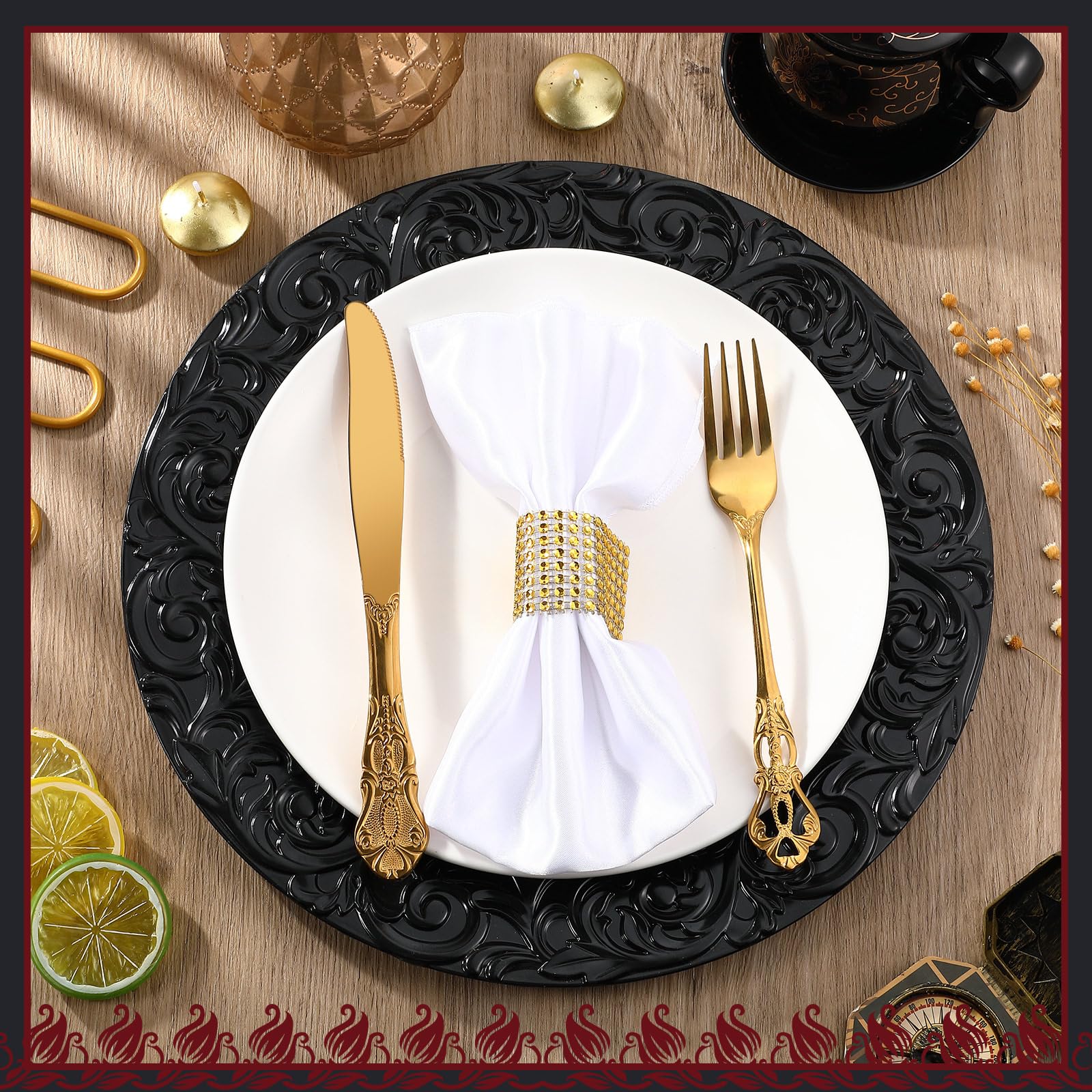 50 Pcs Antique Black Charger Plates - 13 Inch Embossed Rim Plastic Decorative Round Plates for Wedding, Dinner Party & Special Events - Elegant Table Setting Decorations for Formal Dining, Buffets and Holiday Celebrations