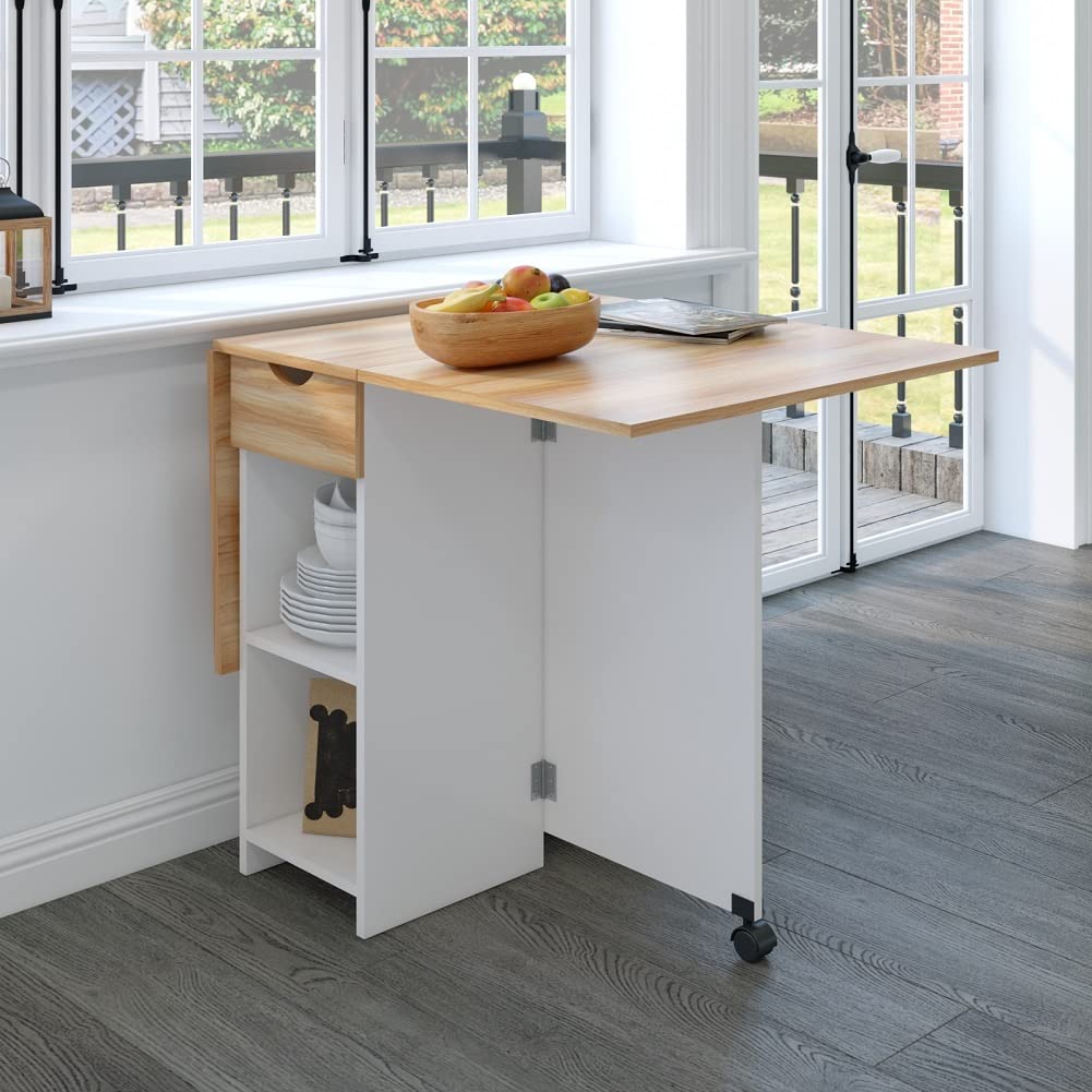 Space-Saving Drop Leaf Folding Dining Table with 1 Drawer & 2 Open Shelves - Modern Kitchen Table for Small Spaces in White & Red Oak - Perfect for Apartments, Breakfast Nooks & Compact Dining Areas