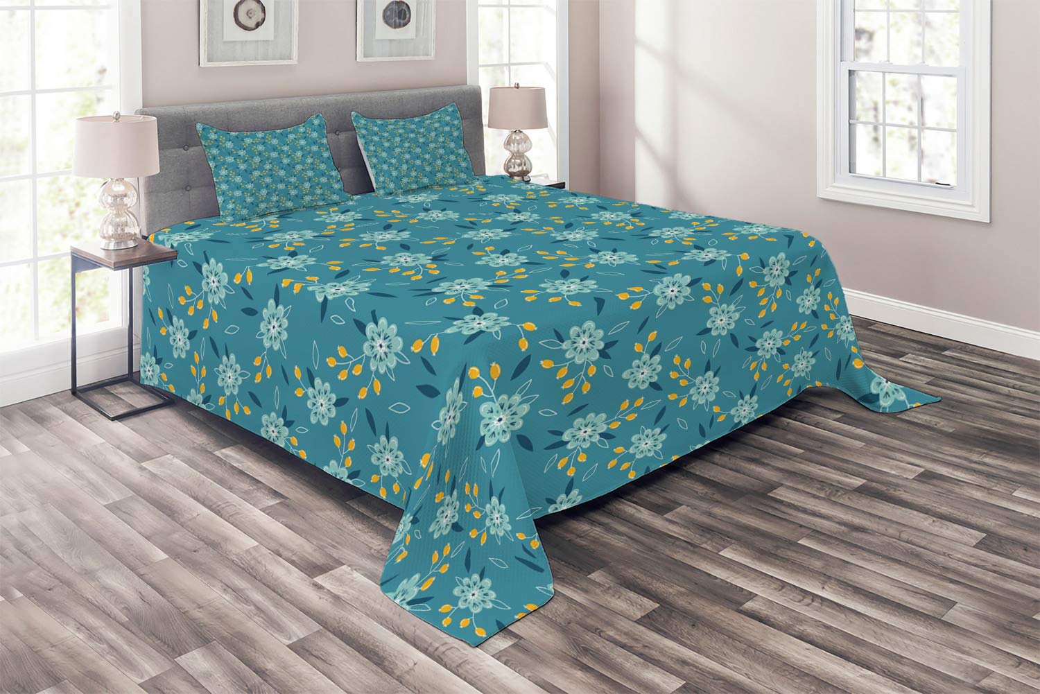Ambesonne 3-Piece King Size Quilted Bedspread Set with 2 Pillow Shams - Spring Floral Design with Blooming Flowers & Retro Leaves in Teal & Earth Yellow | Perfect for Master Bedroom, Guest Room & Farmhouse Decor