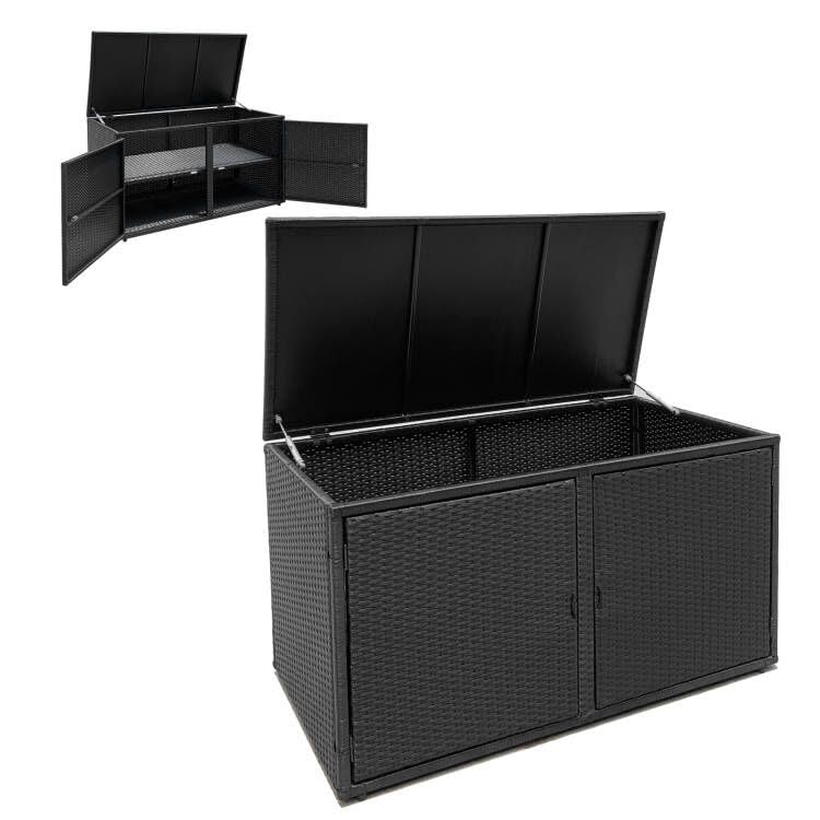 Giantex 88 Gallon Rattan Deck Box with Separate Storage Shelf - Outdoor & Indoor Wicker Storage Bench with Openable Door & Steel Frame - Perfect for Patio, Garden, Balcony, Porch, Yard - Organize Tools, Cushions & Outdoor Accessories (Black)