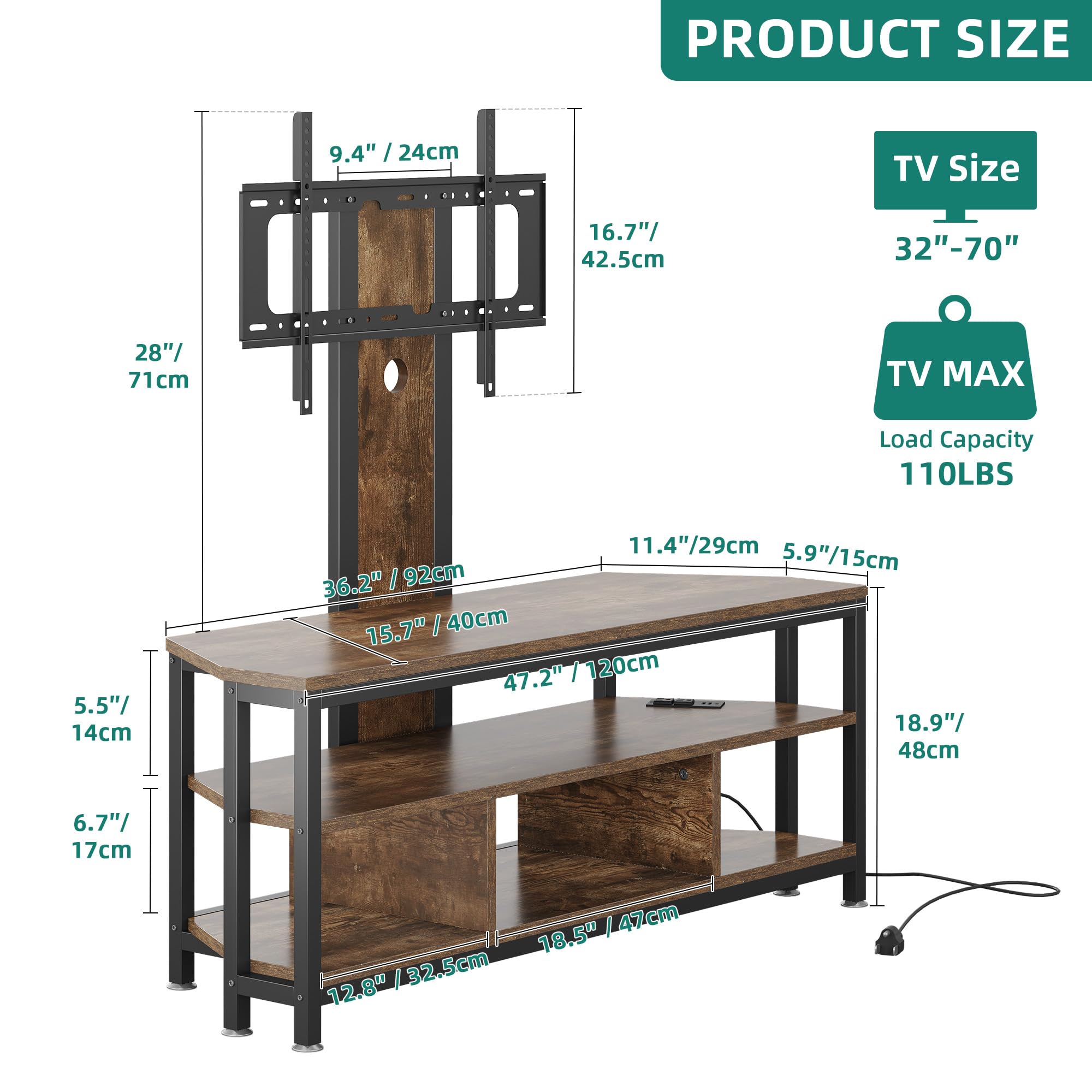 YITAHOME Rustic Brown TV Stand with Mount for 70/65/55 inch TVs - Adjustable Height Entertainment Center with Storage Shelves & Built-in Power Outlet - Modern TV Console Cabinet for Living Room, Bedroom & Home Theater Setup