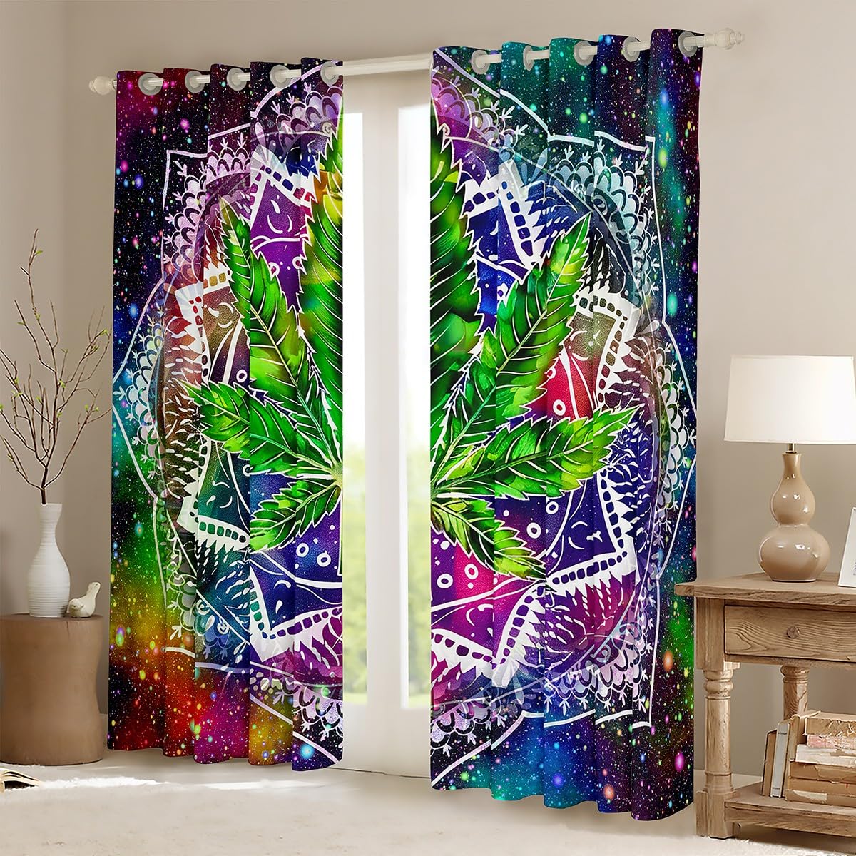 Feelyou Blackout Curtains for Kids - Green Marijuana Leaf & Boho Mandala Design, 30%-50% Light Blocking, 2 Panels (52x96 Inch) - Perfect for Bedroom, Nursery, or Dorm Room Window Treatments