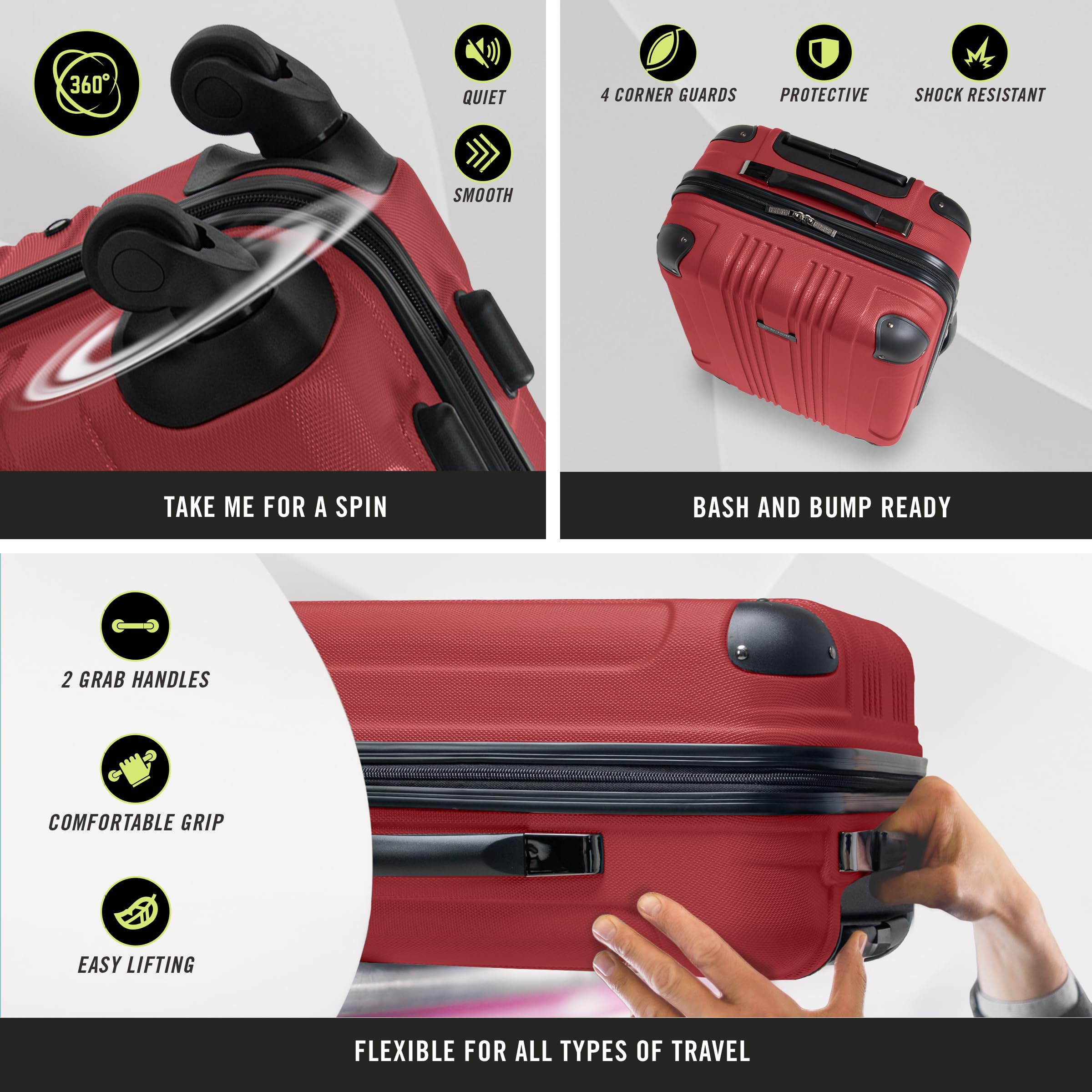 Kenneth Cole REACTION Out of Bounds Lightweight Hardshell 4-Wheel Spinner Luggage Carry On - 20 Inch Scarlet Red Suitcase for Travel, Business Trips & Weekend Getaways