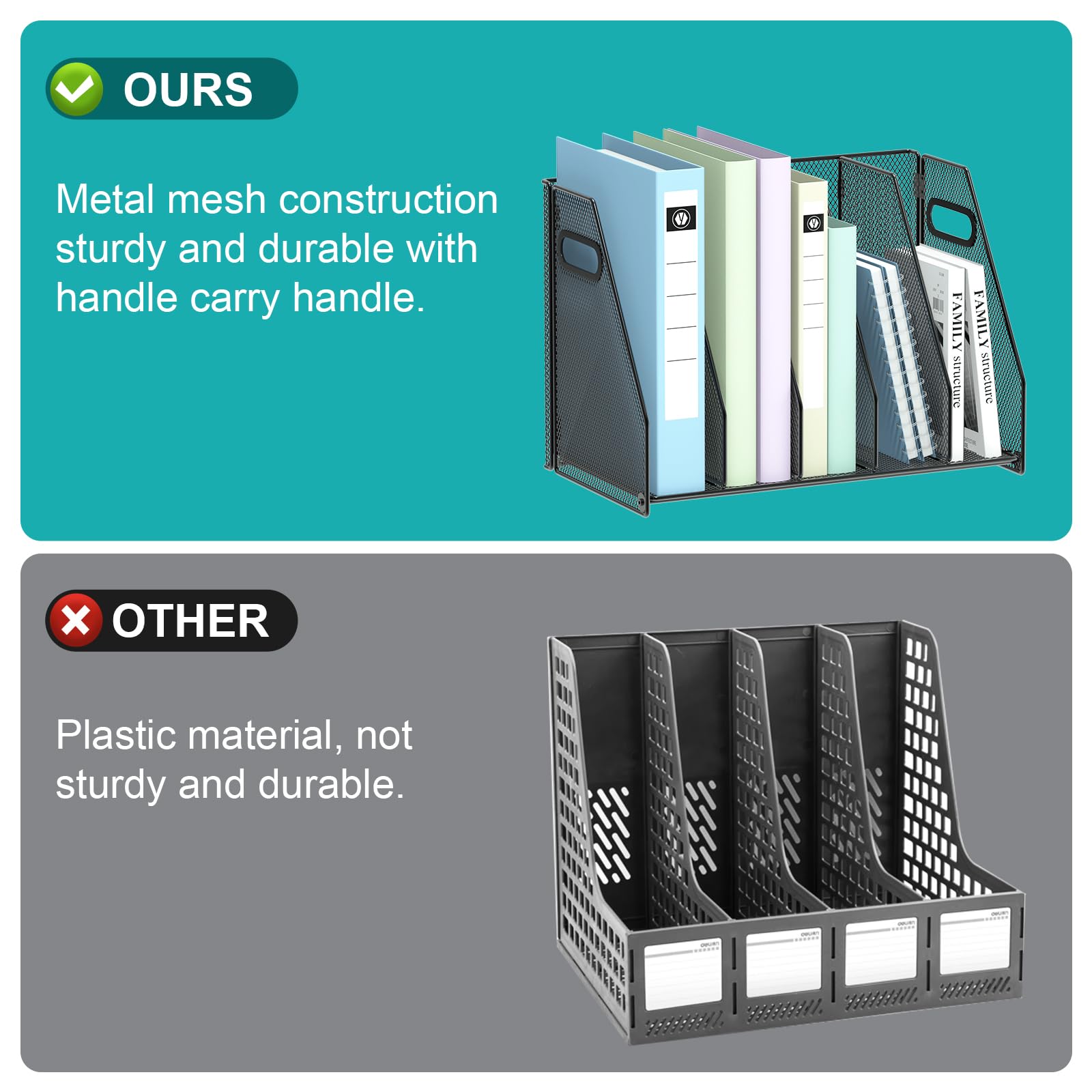 Metal Desk File Organizer with 5 Vertical Compartments - Magazine & Binder Holder for Office, Home & School - Black Desktop Organizer for Documents, Books and Office Supplies