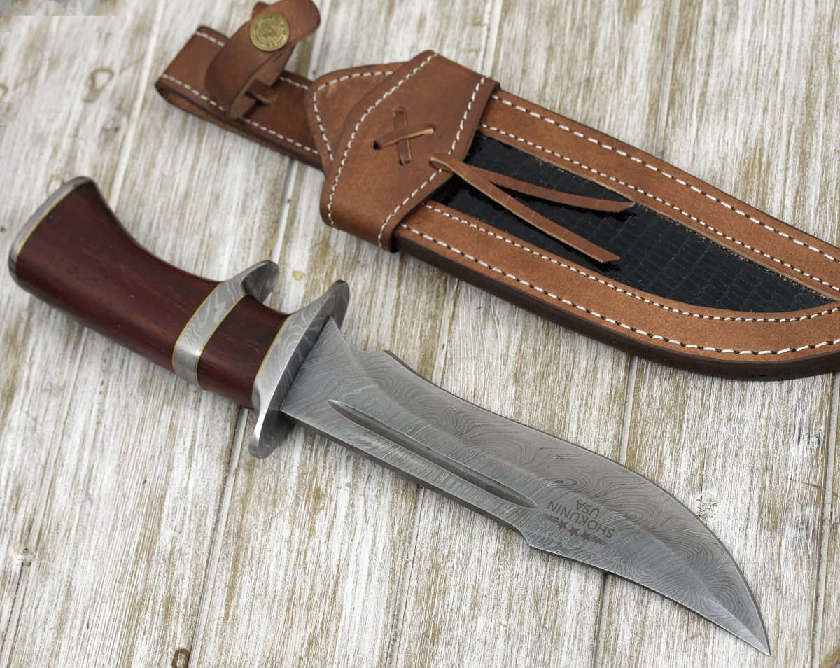 Premium Damascus Steel Bowie Knife with Exotic Red Heart Wood Handle & Leather Sheath - Hunting, Camping, Survival & Outdoor Adventure Essential