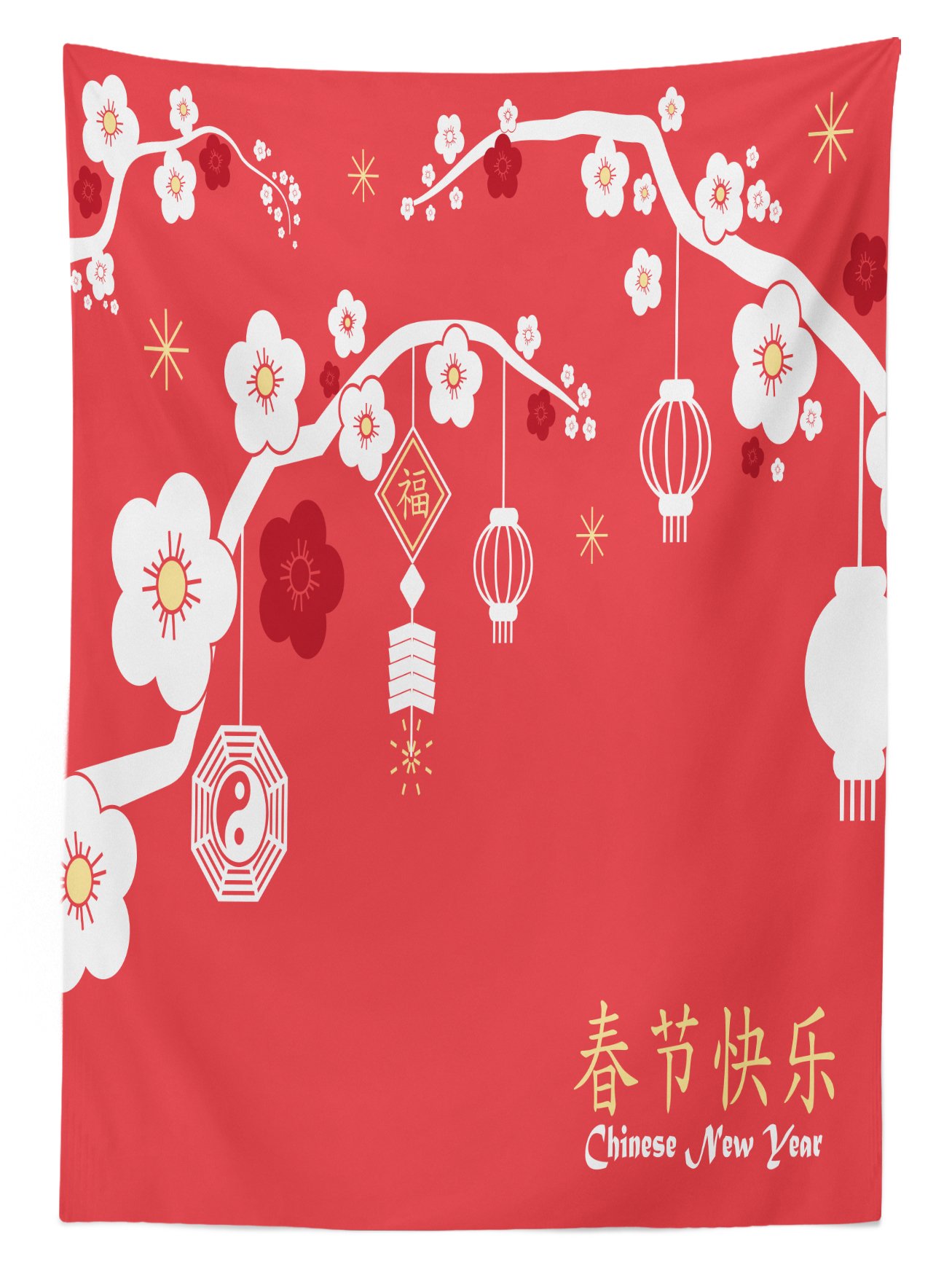 Ambesonne Chinese New Year Tablecloth - Folkloric Sakura Blossom Design, Washable Outdoor Picnic Table Cover 58x120 Inches, Pale Yellow & Dark Coral - Perfect for Spring Parties, Lunar New Year Decor, and Garden Dining