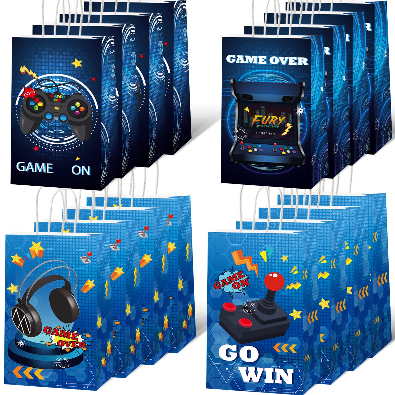 16 Pcs Video Game Party Favor Bags - Gaming Theme Goodie Treat Paper Bags for Kids, Boys, Teens & Adults - Perfect for Gamer Birthday Parties, Decorations & Events (Blue)