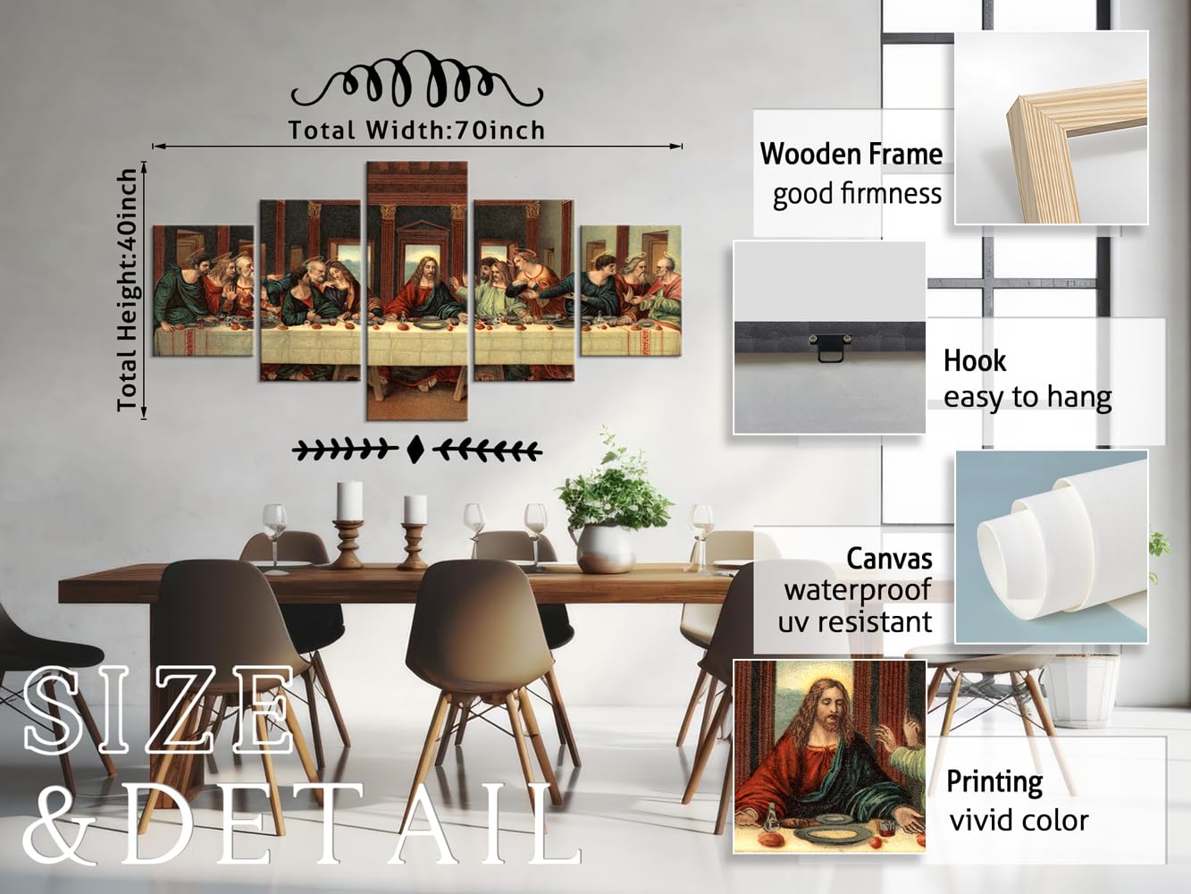 YOUHONG 5-Piece Last Supper Wall Art Set - Leonardo Da Vinci Inspired Religious Wall Decor - Jesus Pictures for Christian Home & Dining Room - Ready to Hang (70''W x 40''H) - Perfect for Church, Chapel & Faith-Based Interior Design