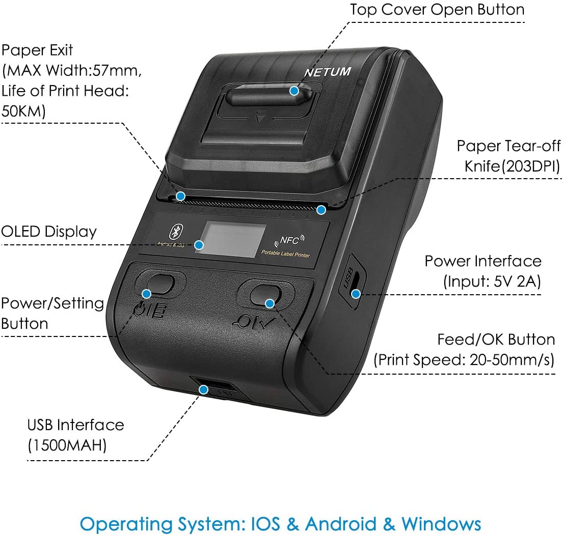 NT G5 54mm Thermal Printer for Receipts & Labels - High-Speed USB/Bluetooth Compatible for Retail, Shipping & Small Business Use