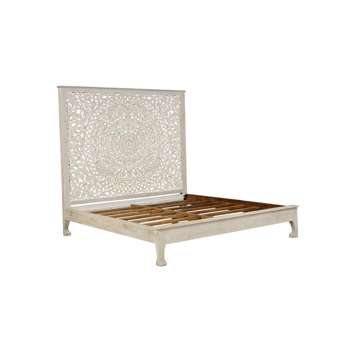 Dynasty Hand Carved Solid Wood Low Profile Standard Bed Frame - White Queen Size | Modern Minimalist Bedroom Furniture for Small Spaces & Loft Apartments