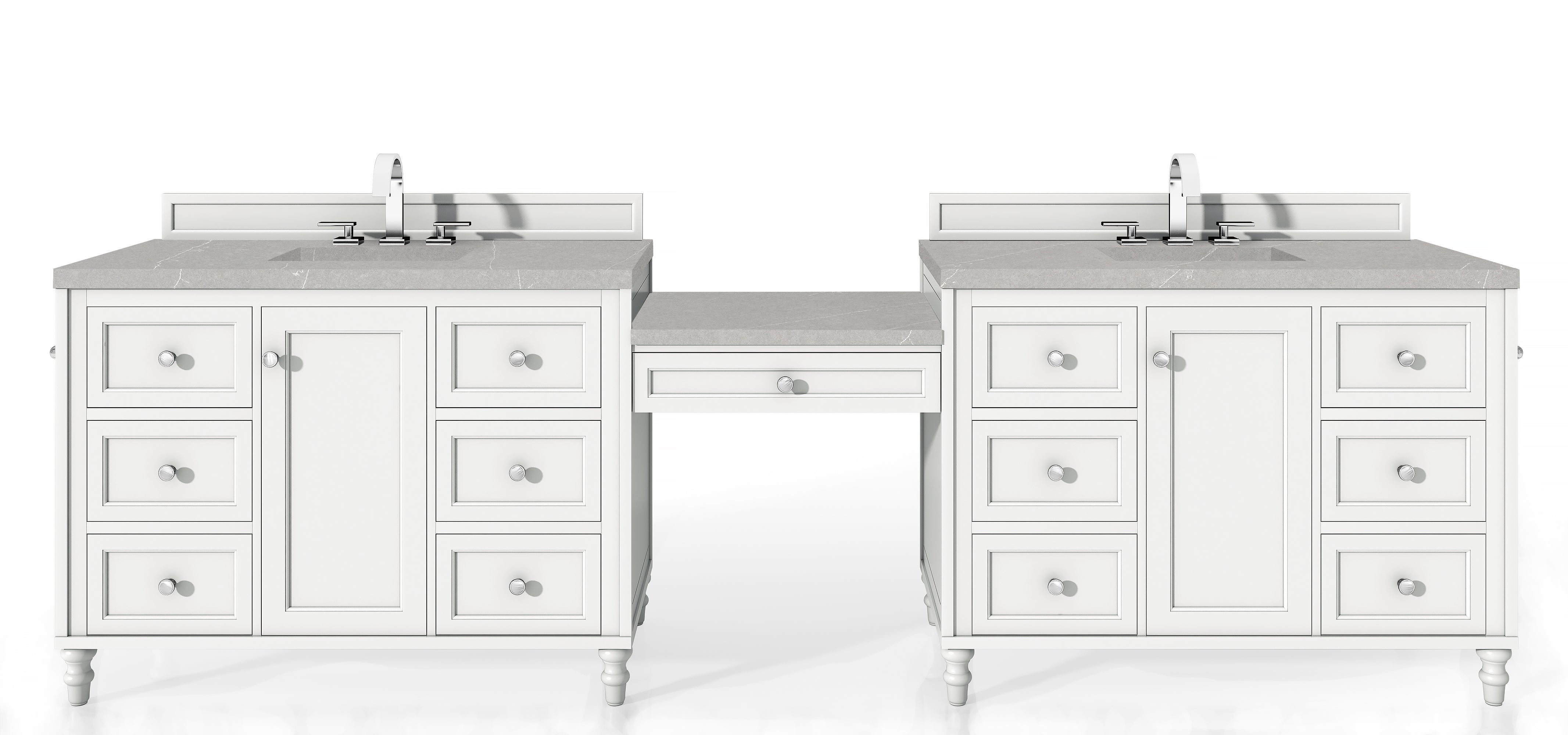 Copper Cove Encore 122 Double Vanity Set with Makeup Table - Bright White Finish & 3CM Eternal Serena Quartz Top | Perfect for Master Bathroom & Luxury Home Decor