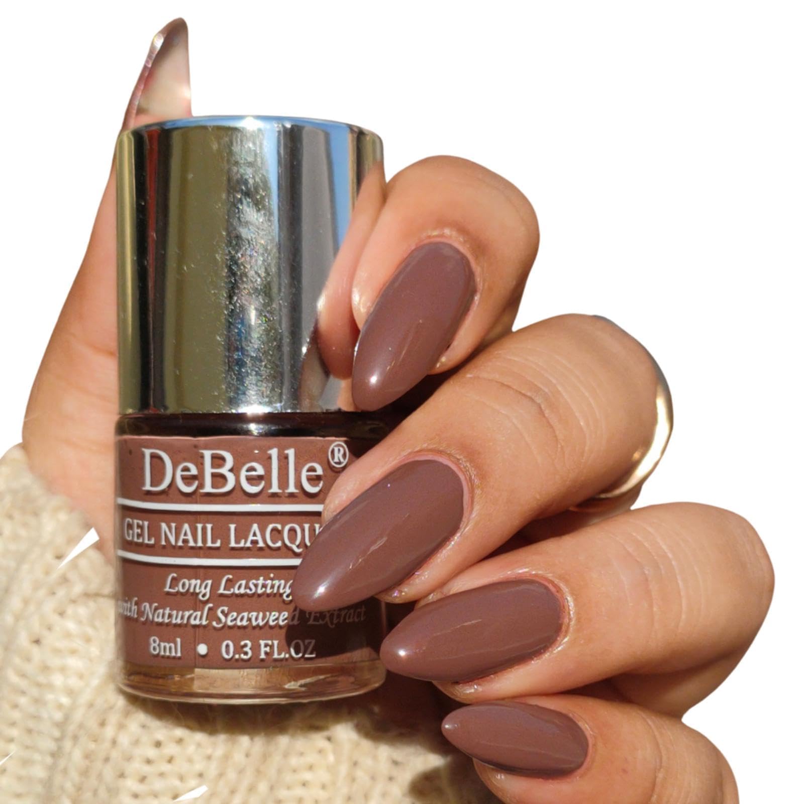 DeBelle Gel Glossy Finish Nail Polish - Woody Chocolate (Light Chocolate Brown) 8ml - Enriched with Natural Seaweed Extract, Vegan, Cruelty-Free & Non-Toxic - Perfect for Everyday Wear, Salon-Quality Manicures & Special Occasions