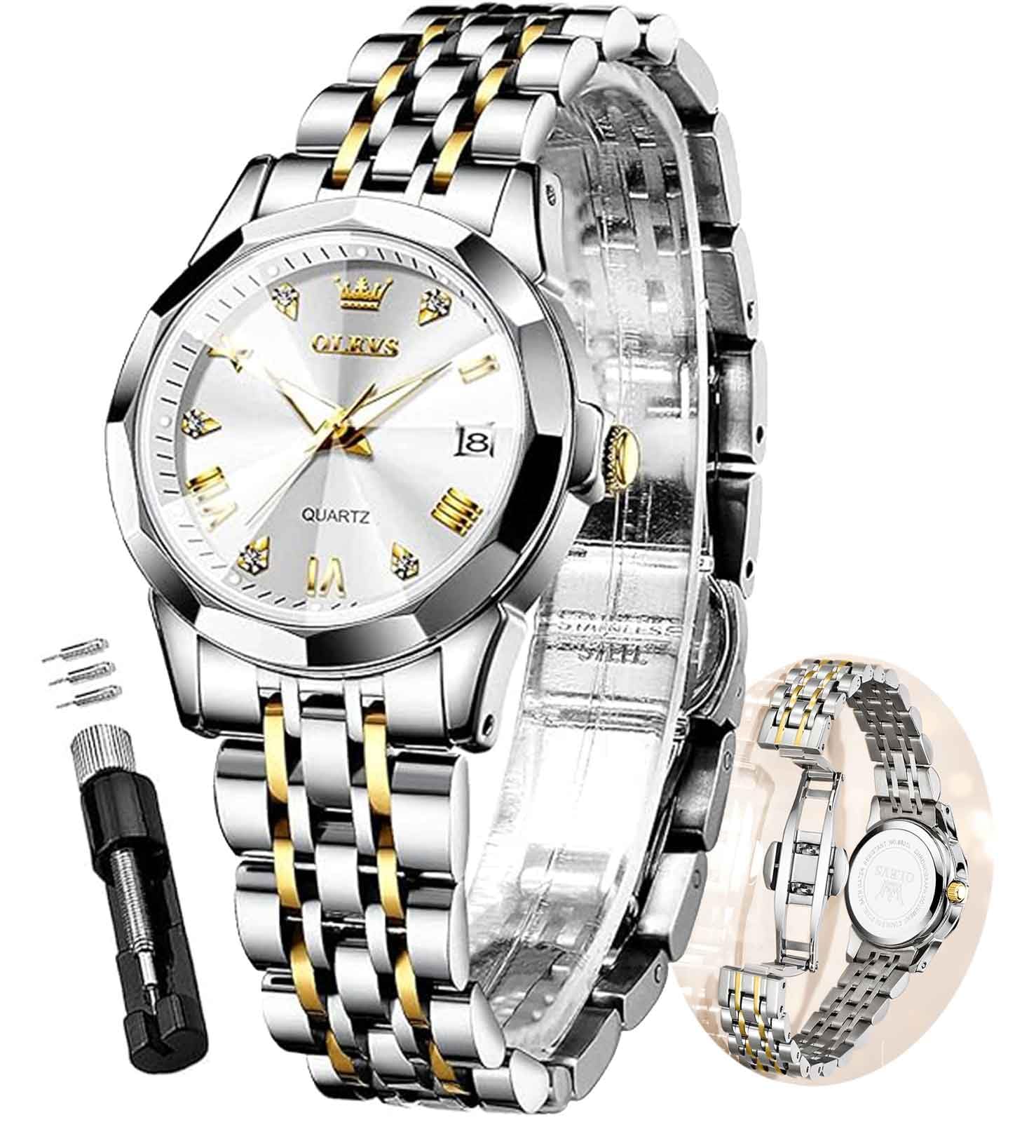 OLEVS Gold Women's Watch with Date Day Display - Stainless Steel Waterproof Small Face Quartz Analog Ladies Watch - Fashion Gold/Black/White Dial Wristwatch for Women - Perfect for Office, Party & Everyday Wear