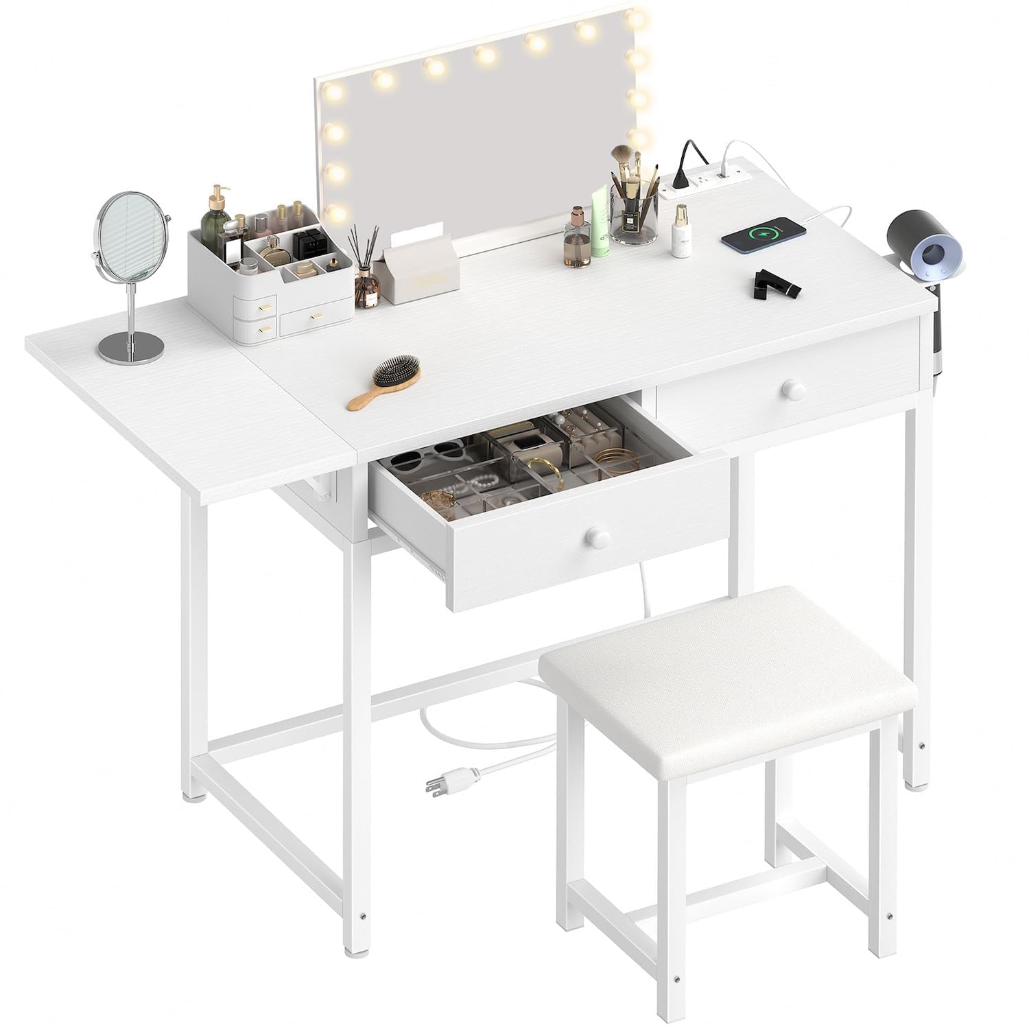 Modern White Small Makeup Vanity Desk Set with Wood Drawers & Stool - Foldable Countertop, Built-in Outlets - Perfect for Bedroom, Dressing Room & Apartment Beauty Space