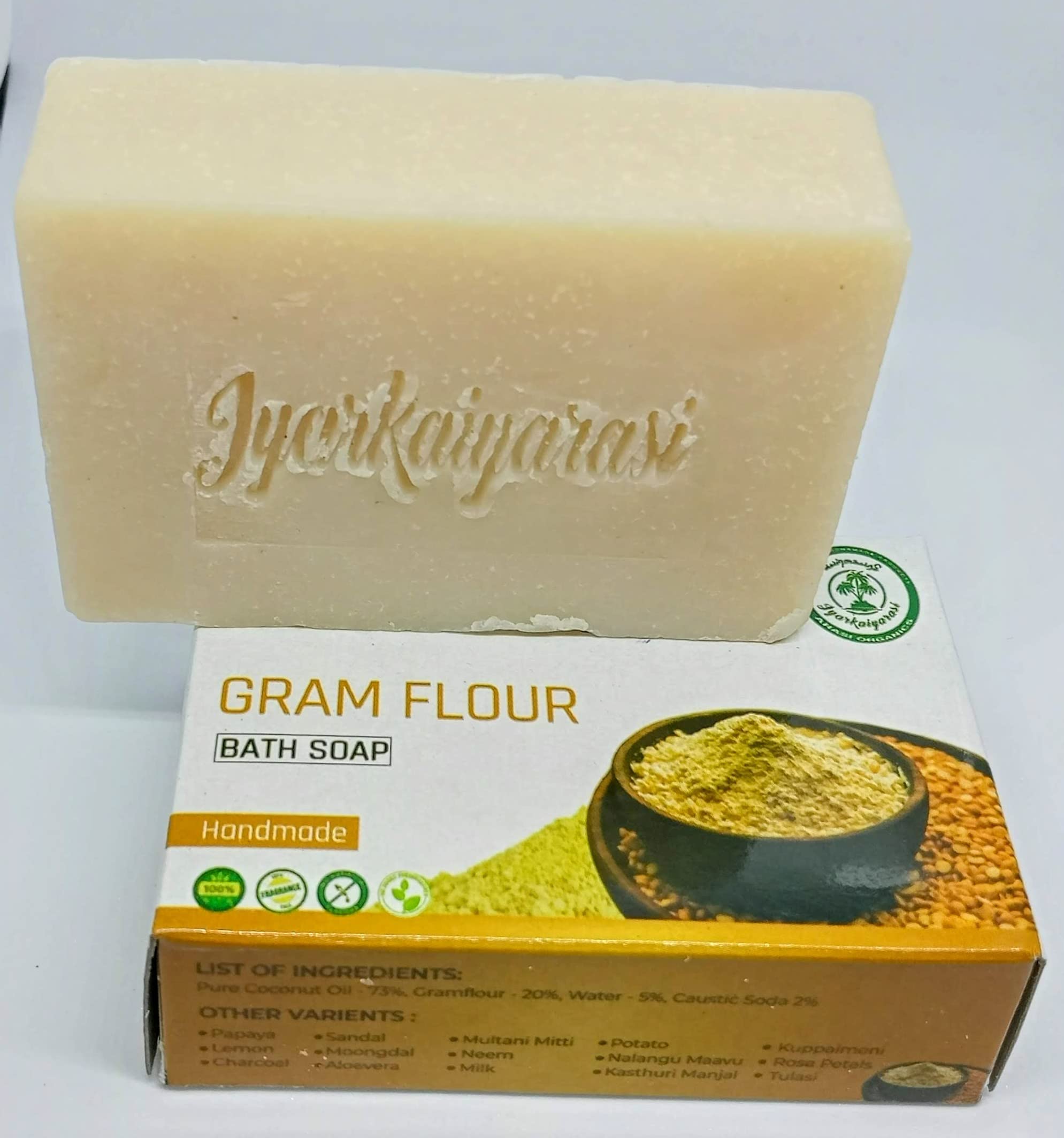 Iyarkaiyarasi Pure Coconut Oil Handmade Gram Flour Bath Soap - Fragrance-Free, Vegan, Chemical-Free for All Skin Types (130g) | Gentle Cleansing & Moisturizing for Sensitive Skin, Daily Body Wash & Ayurvedic Skincare