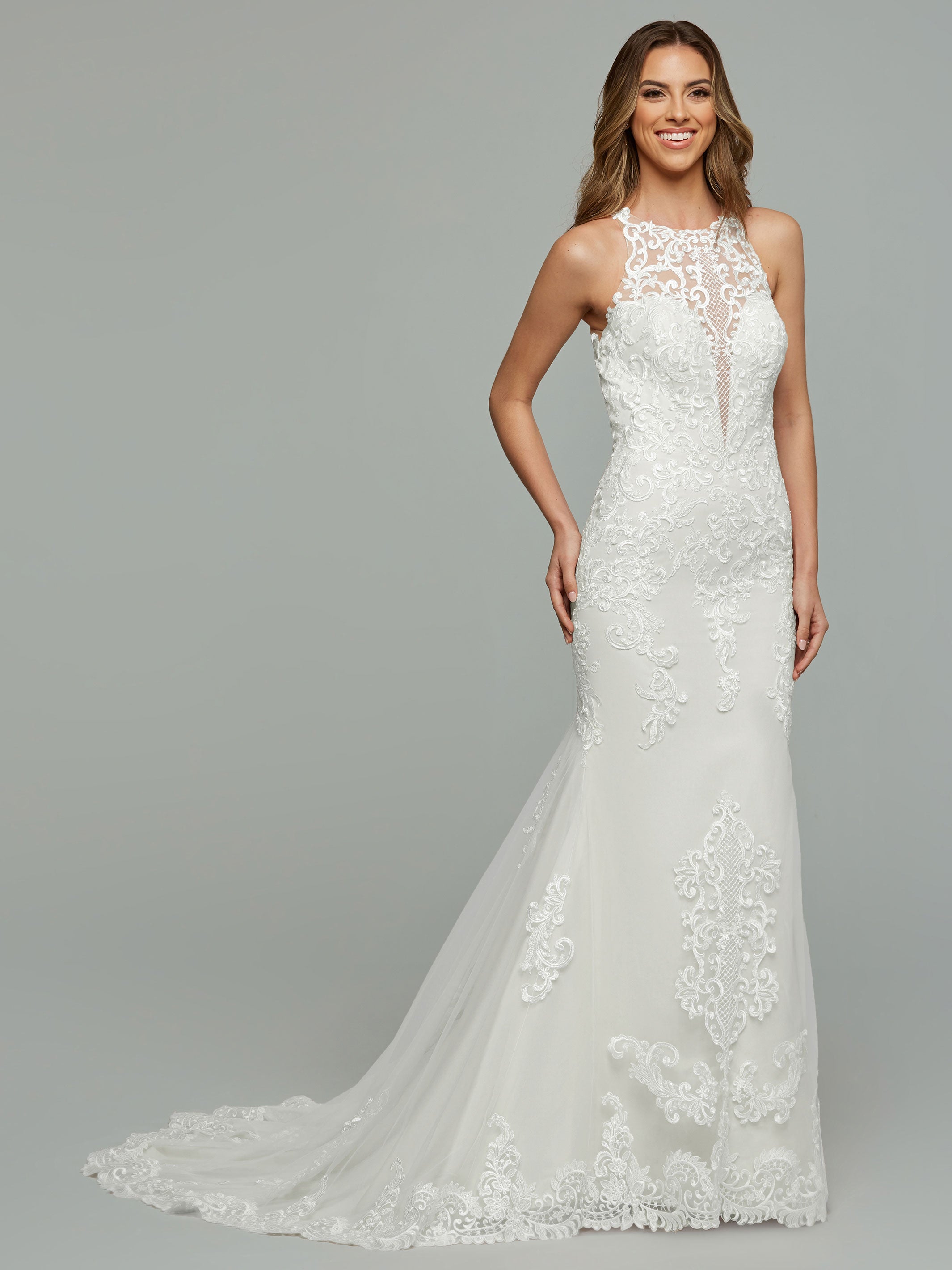 Elegant Paris Mermaid Wedding Dress with Plunging Lace Illusion Halter Neckline - Perfect for Beach, Destination, and Romantic Outdoor Weddings